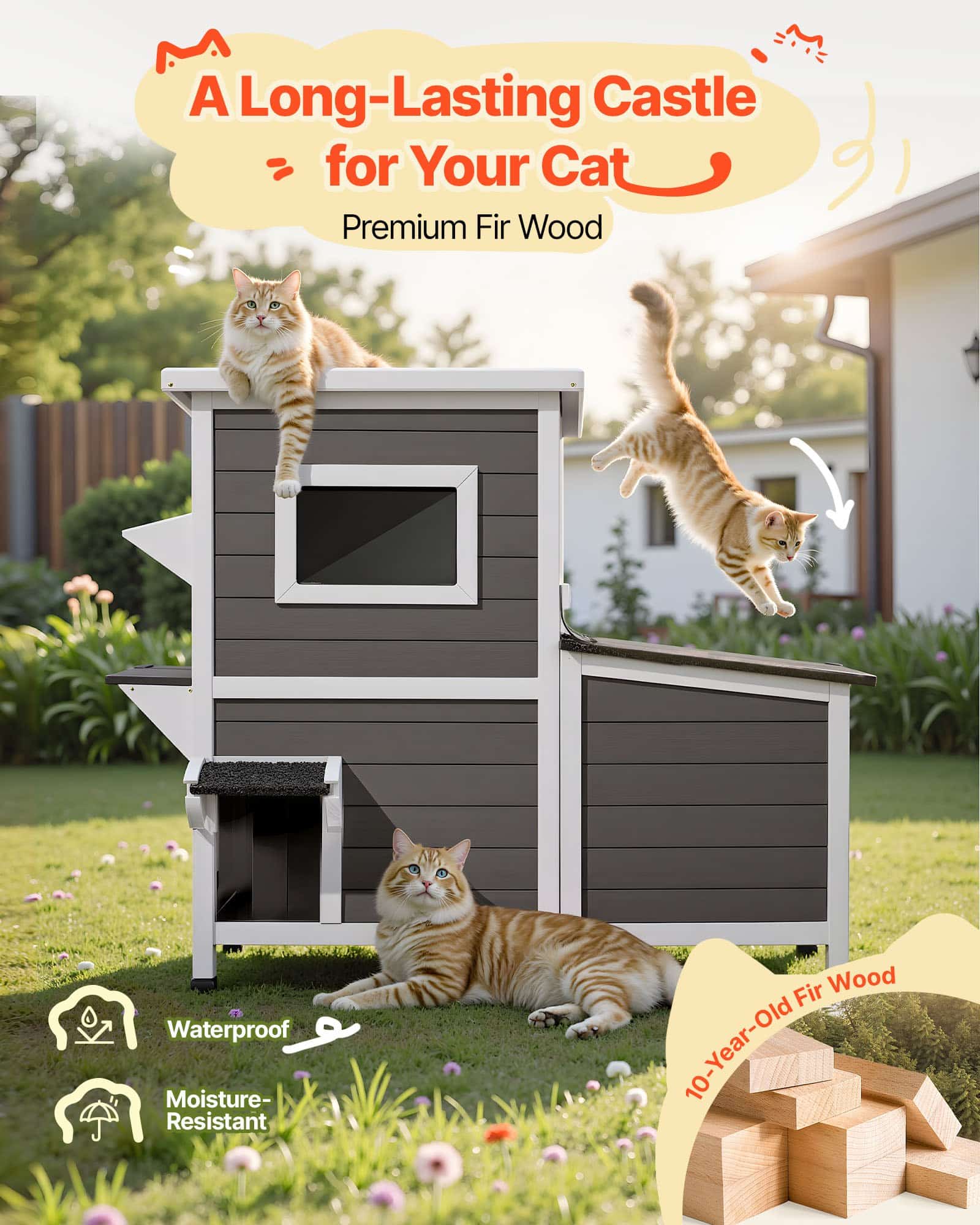VEVOR 2-Story Outdoor Wooden Cat House, Waterproof Shelter for 3 Cats, 107x63x86 cm, with Stairs, Windows & Flap Doors - Image 5