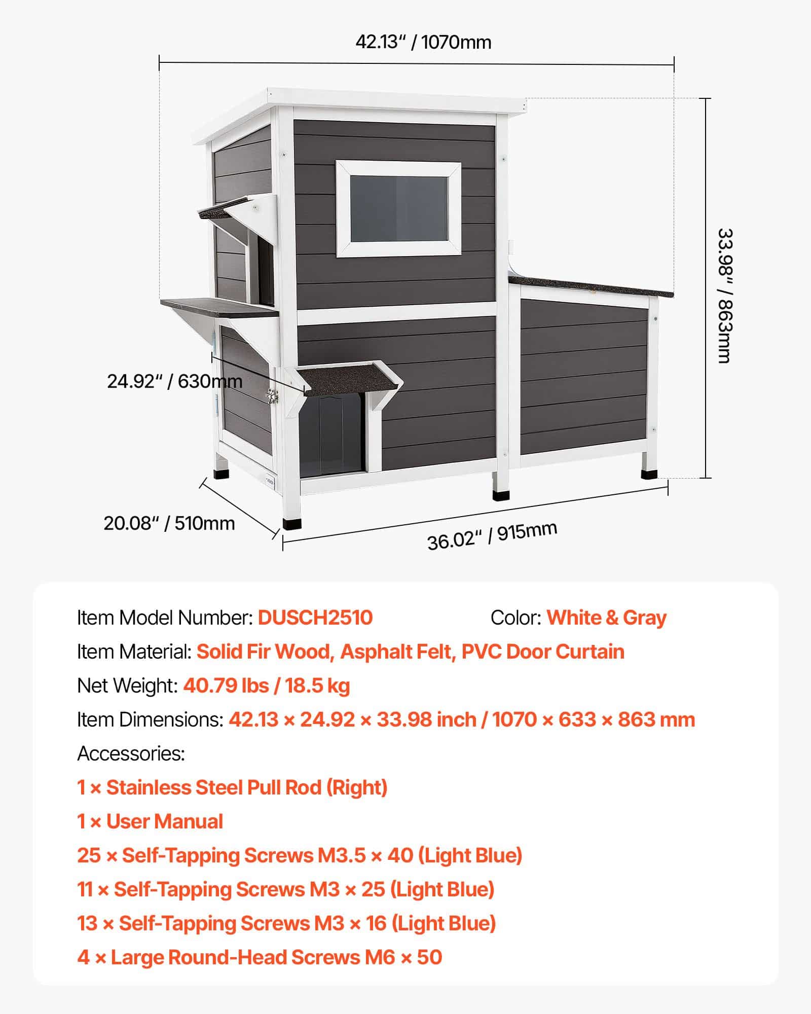 VEVOR 2-Story Outdoor Wooden Cat House, Waterproof Shelter for 3 Cats, 107x63x86 cm, with Stairs, Windows & Flap Doors - Image 7