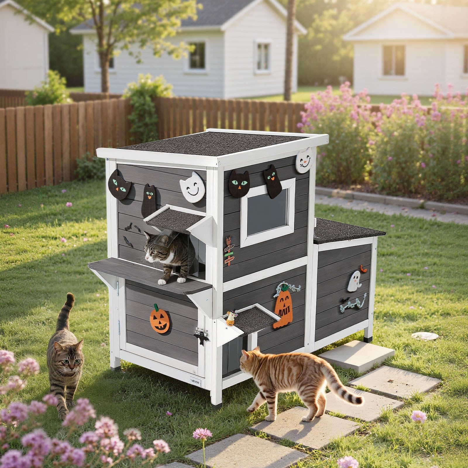 VEVOR 2-Story Outdoor Wooden Cat House, Waterproof Shelter for 3 Cats, 107x63x86 cm, with Stairs, Windows & Flap Doors - Image 8
