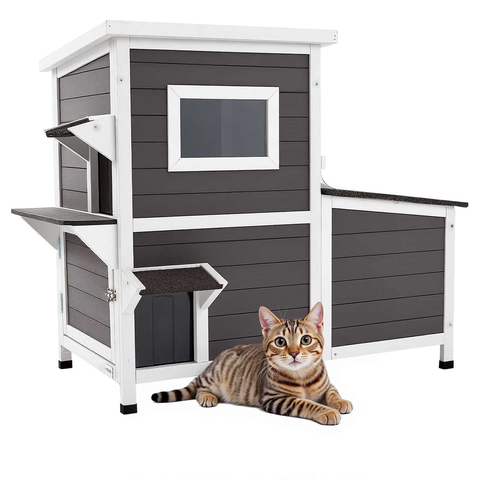 VEVOR 2-Story Outdoor Wooden Cat House, Waterproof Shelter for 3 Cats, 107x63x86 cm, with Stairs, Windows & Flap Doors