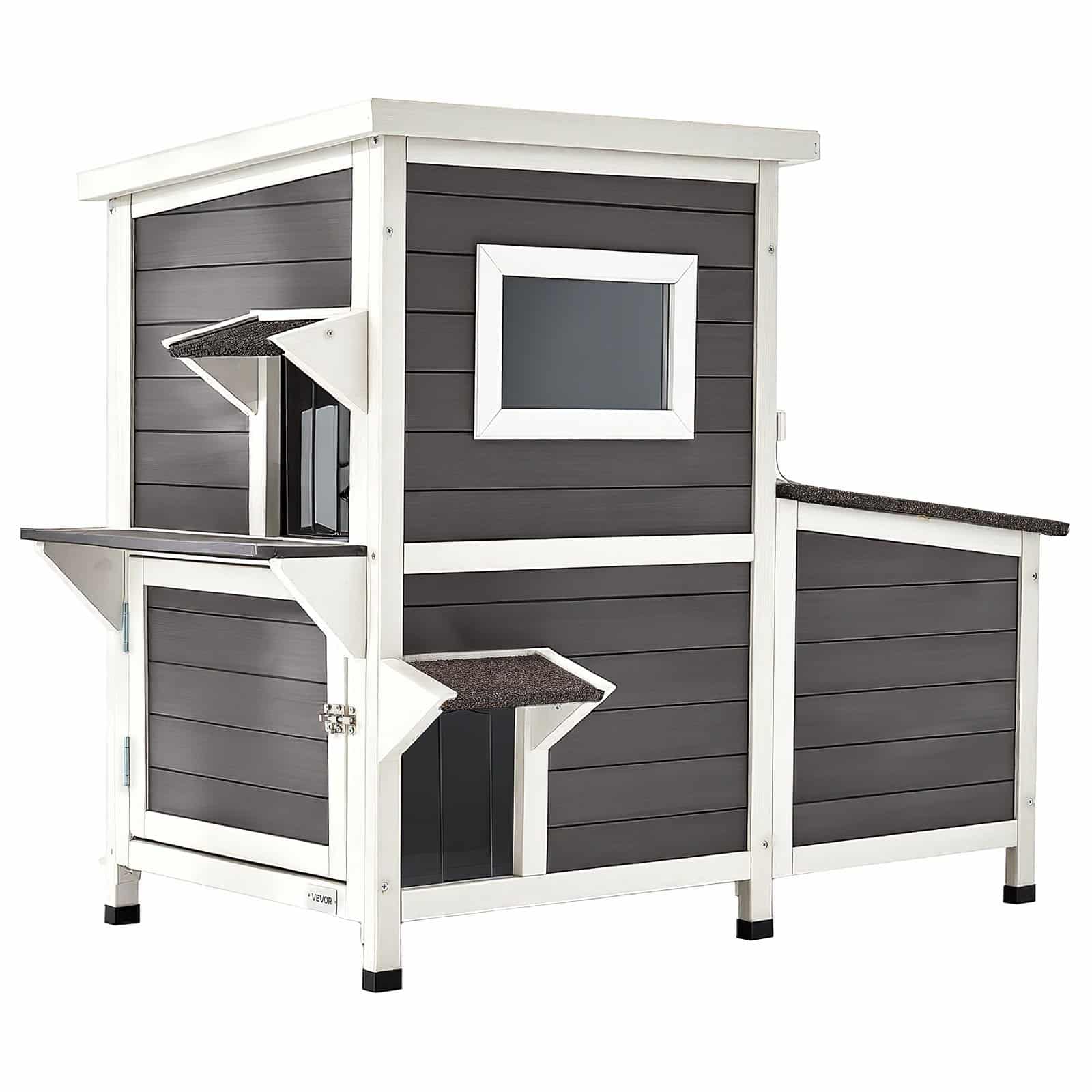 VEVOR 2-Story Outdoor Wooden Cat House, Waterproof Shelter for 3 Cats, 107x63x86 cm, with Stairs, Windows & Flap Doors - Image 11