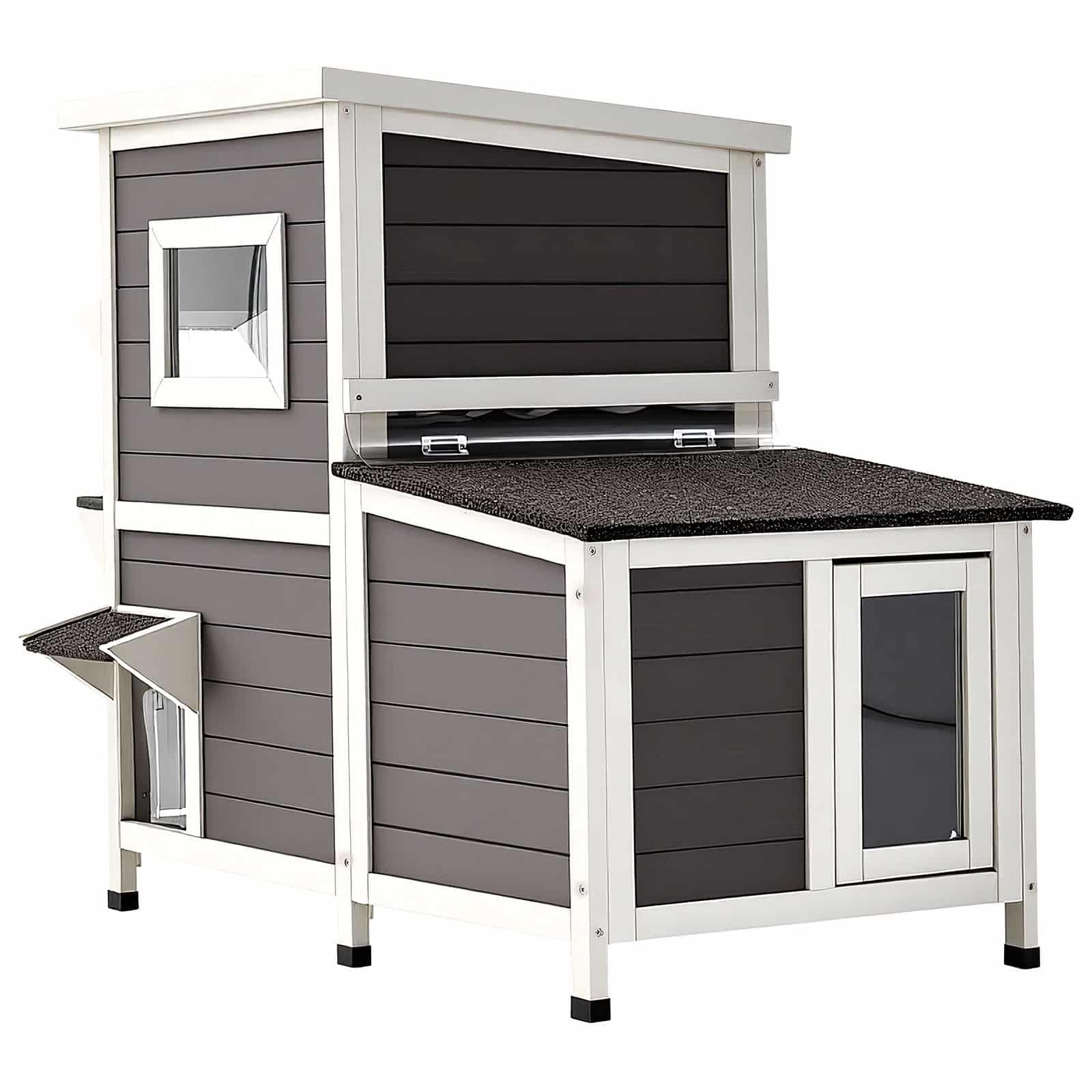 VEVOR 2-Story Outdoor Wooden Cat House, Waterproof Shelter for 3 Cats, 107x63x86 cm, with Stairs, Windows & Flap Doors - Image 12