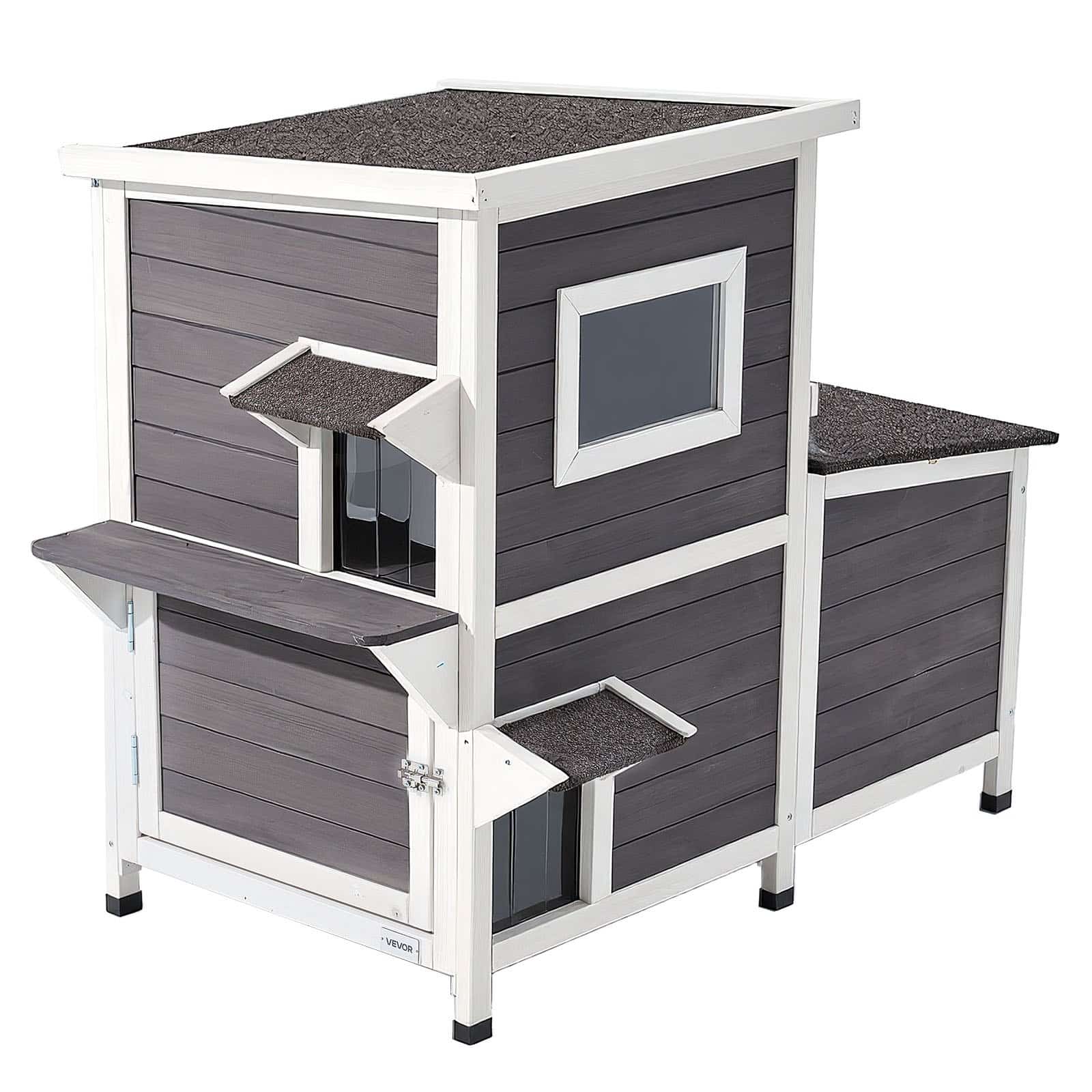 VEVOR 2-Story Outdoor Wooden Cat House, Waterproof Shelter for 3 Cats, 107x63x86 cm, with Stairs, Windows & Flap Doors - Image 9