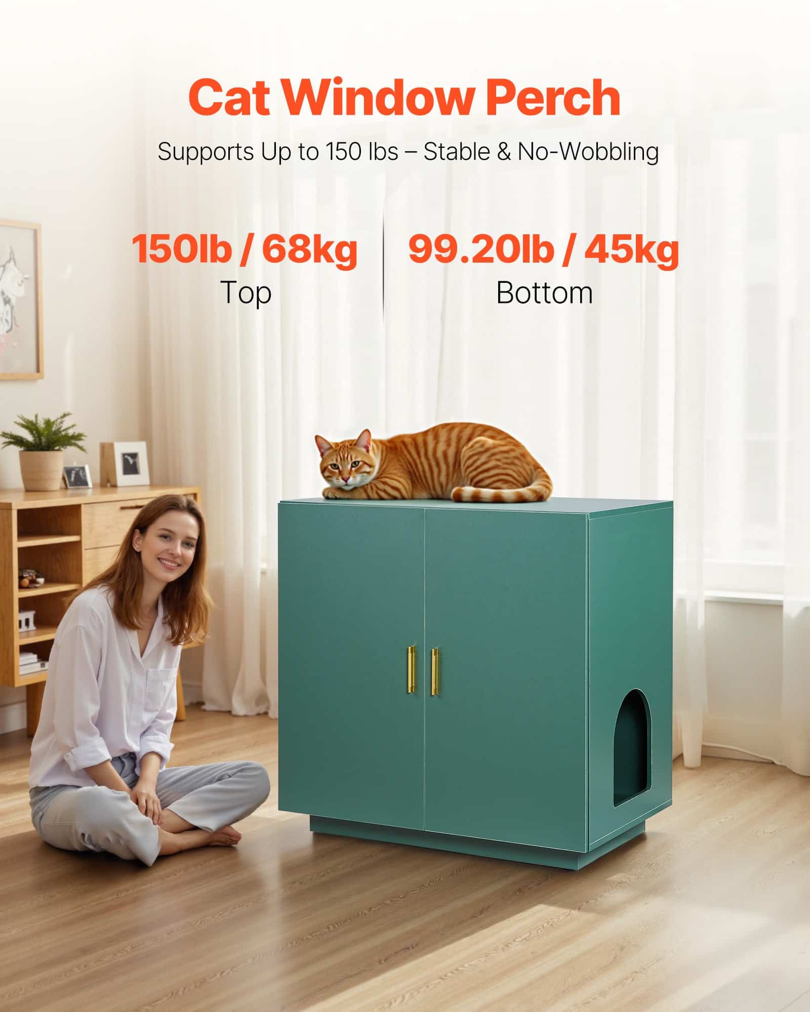 VEVOR 80 cm Wooden Cat Litter Box Enclosure, Hidden Kitty Washroom Cabinet with Vent Holes & Double Doors, Side Table Furniture - Image 2