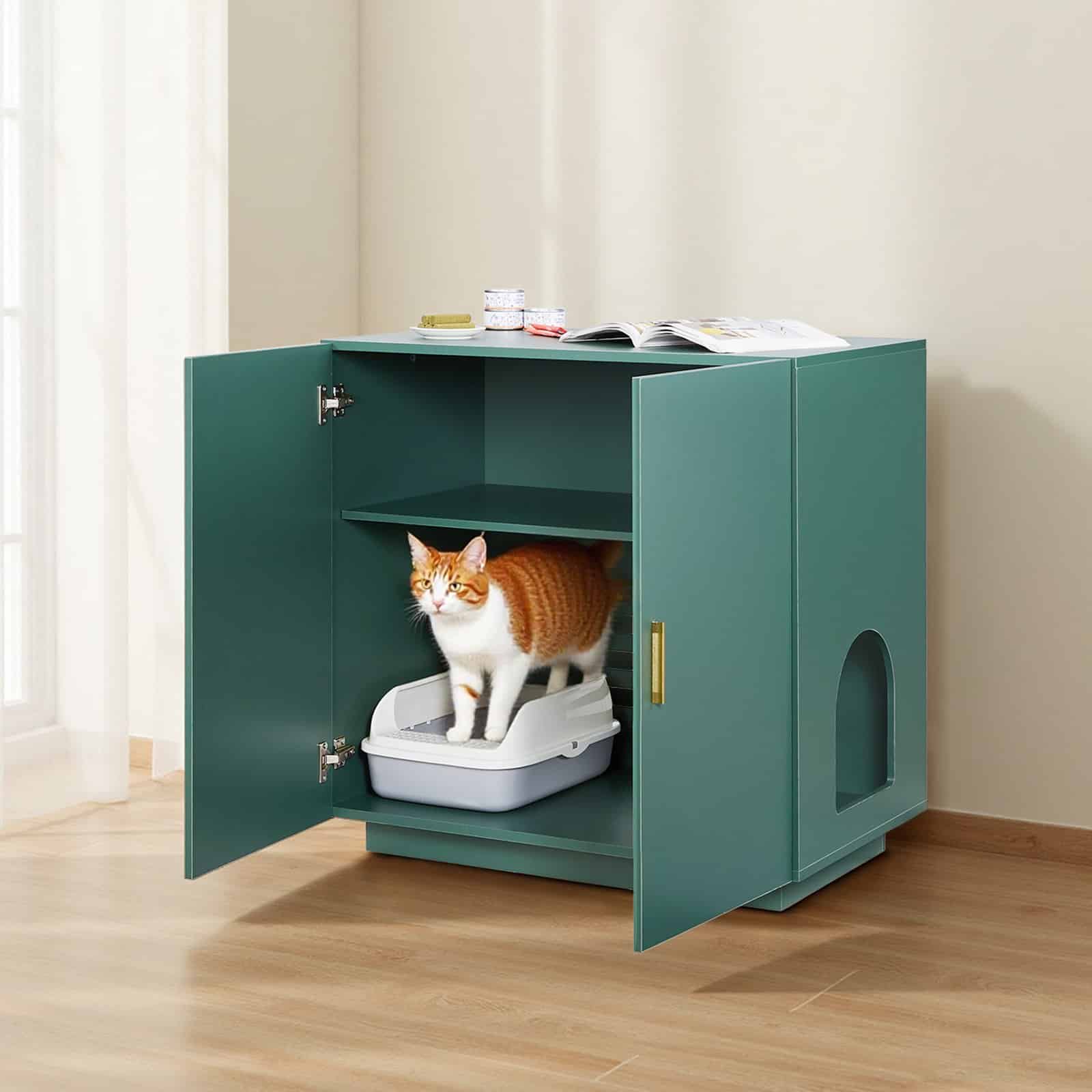 VEVOR 80 cm Wooden Cat Litter Box Enclosure, Hidden Kitty Washroom Cabinet with Vent Holes & Double Doors, Side Table Furniture - Image 8