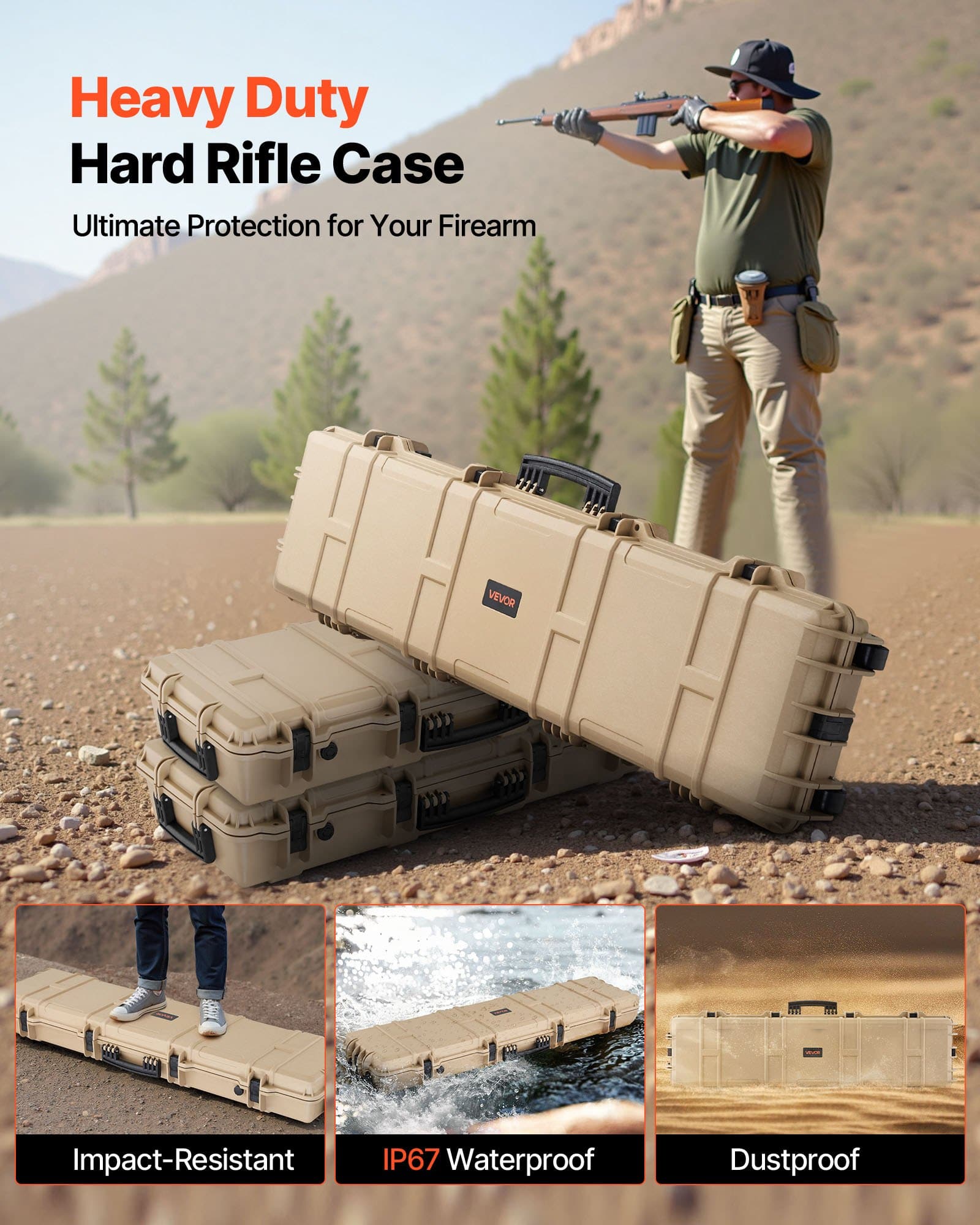 VEVOR 138 cm Lockable Hard Rifle Case with Wheels, IP67 Waterproof Dustproof Gun Storage with 4-Layer Pre-cut Foam, Khaki - Зображення 2