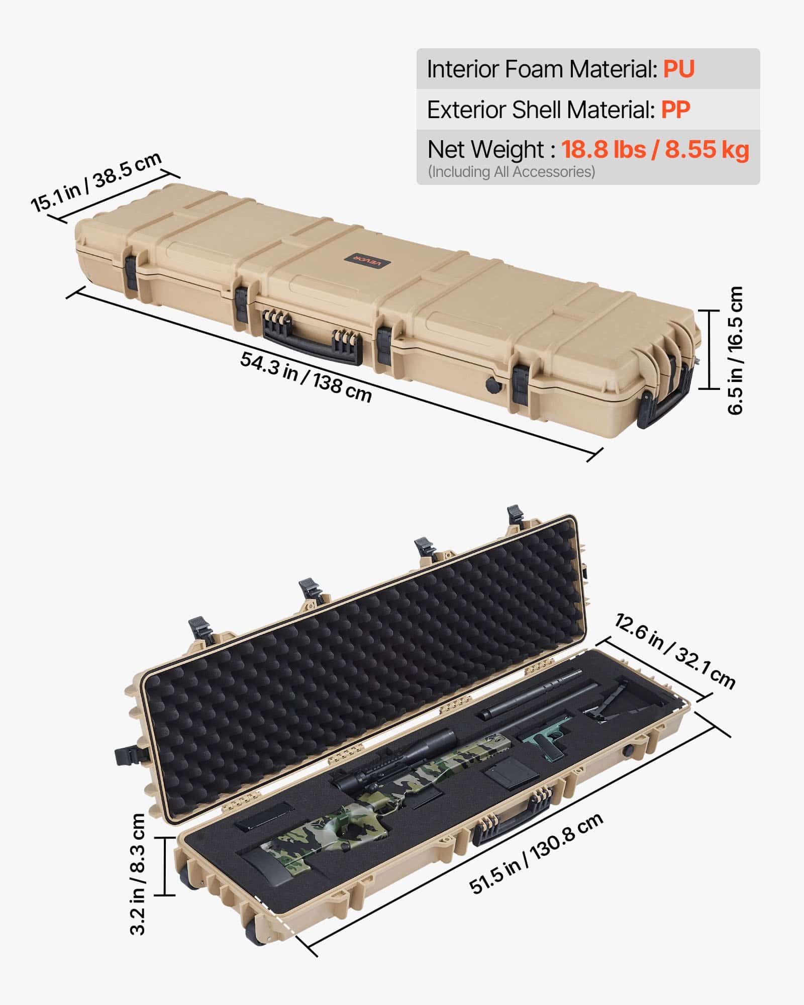 VEVOR 138 cm Lockable Hard Rifle Case with Wheels, IP67 Waterproof Dustproof Gun Storage with 4-Layer Pre-cut Foam, Khaki - Зображення 3
