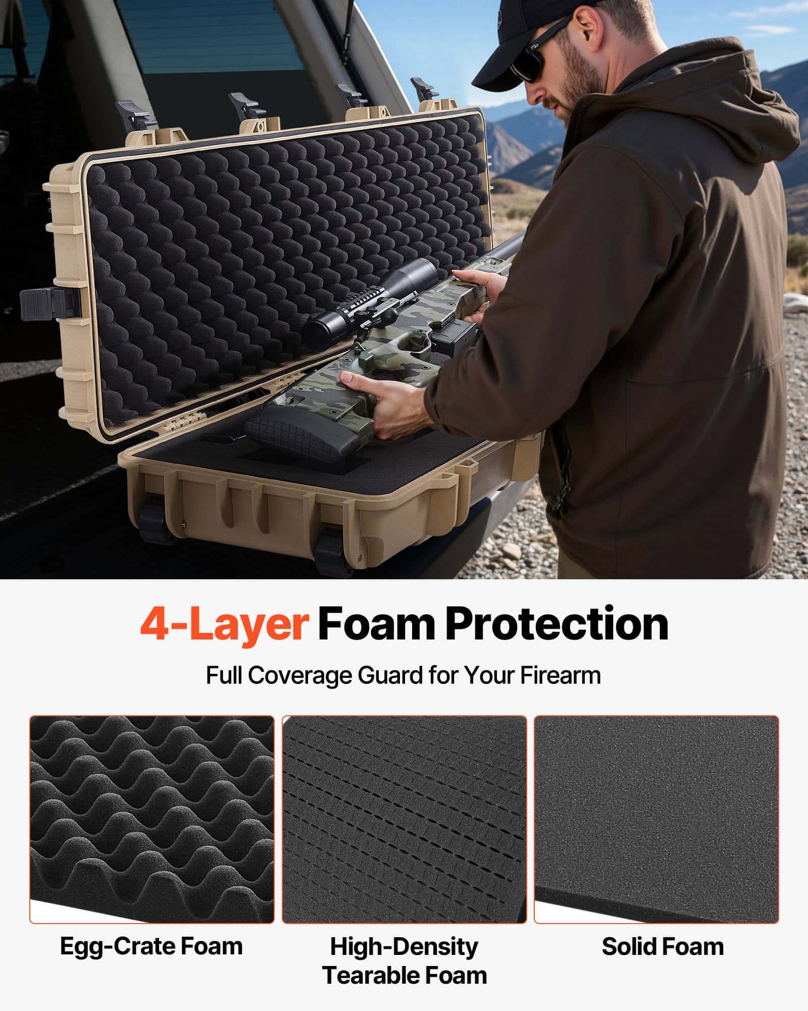 VEVOR 138 cm Lockable Hard Rifle Case with Wheels, IP67 Waterproof Dustproof Gun Storage with 4-Layer Pre-cut Foam, Khaki - Зображення 4