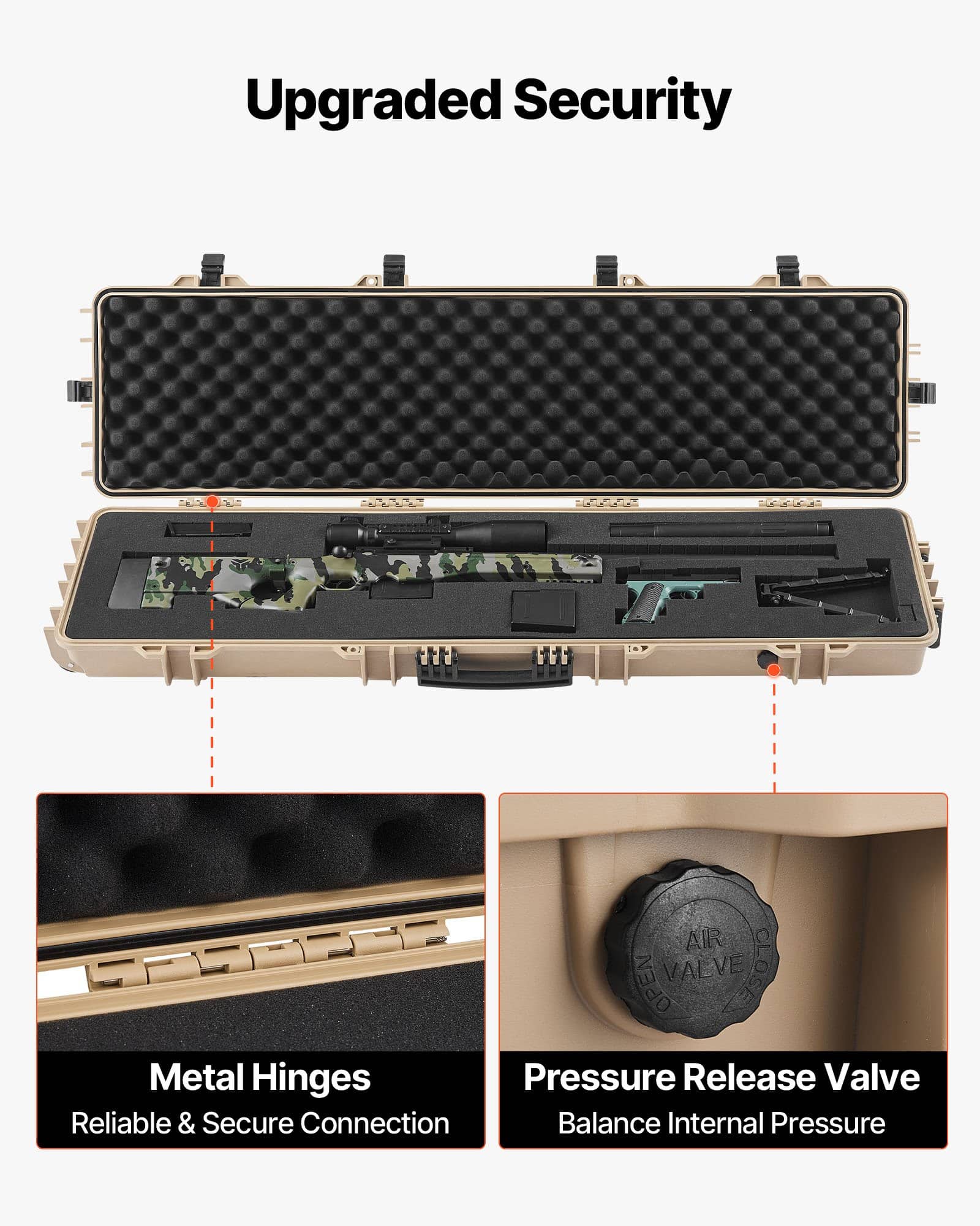VEVOR 138 cm Lockable Hard Rifle Case with Wheels, IP67 Waterproof Dustproof Gun Storage with 4-Layer Pre-cut Foam, Khaki - Зображення 6