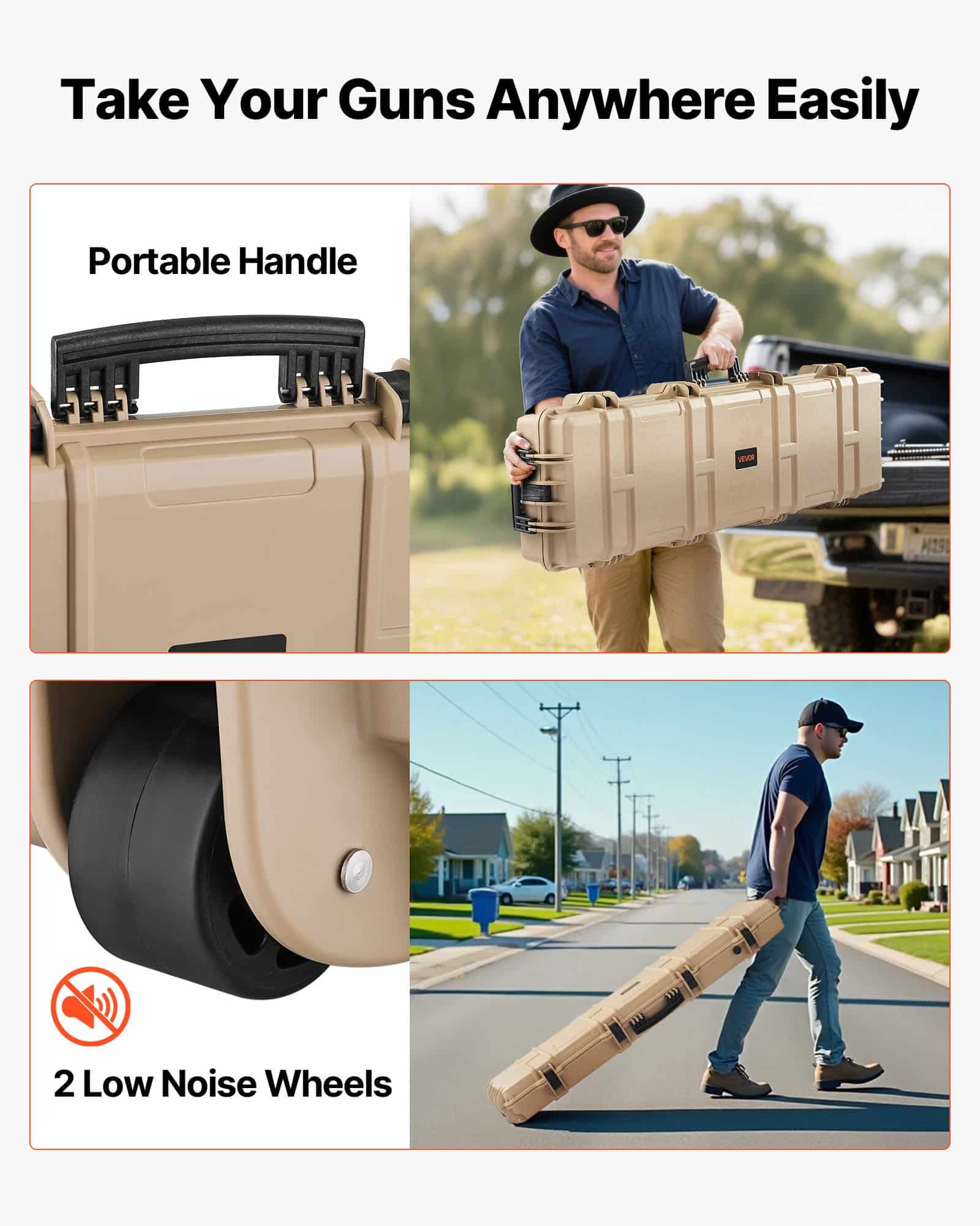 VEVOR 138 cm Lockable Hard Rifle Case with Wheels, IP67 Waterproof Dustproof Gun Storage with 4-Layer Pre-cut Foam, Khaki - Зображення 7