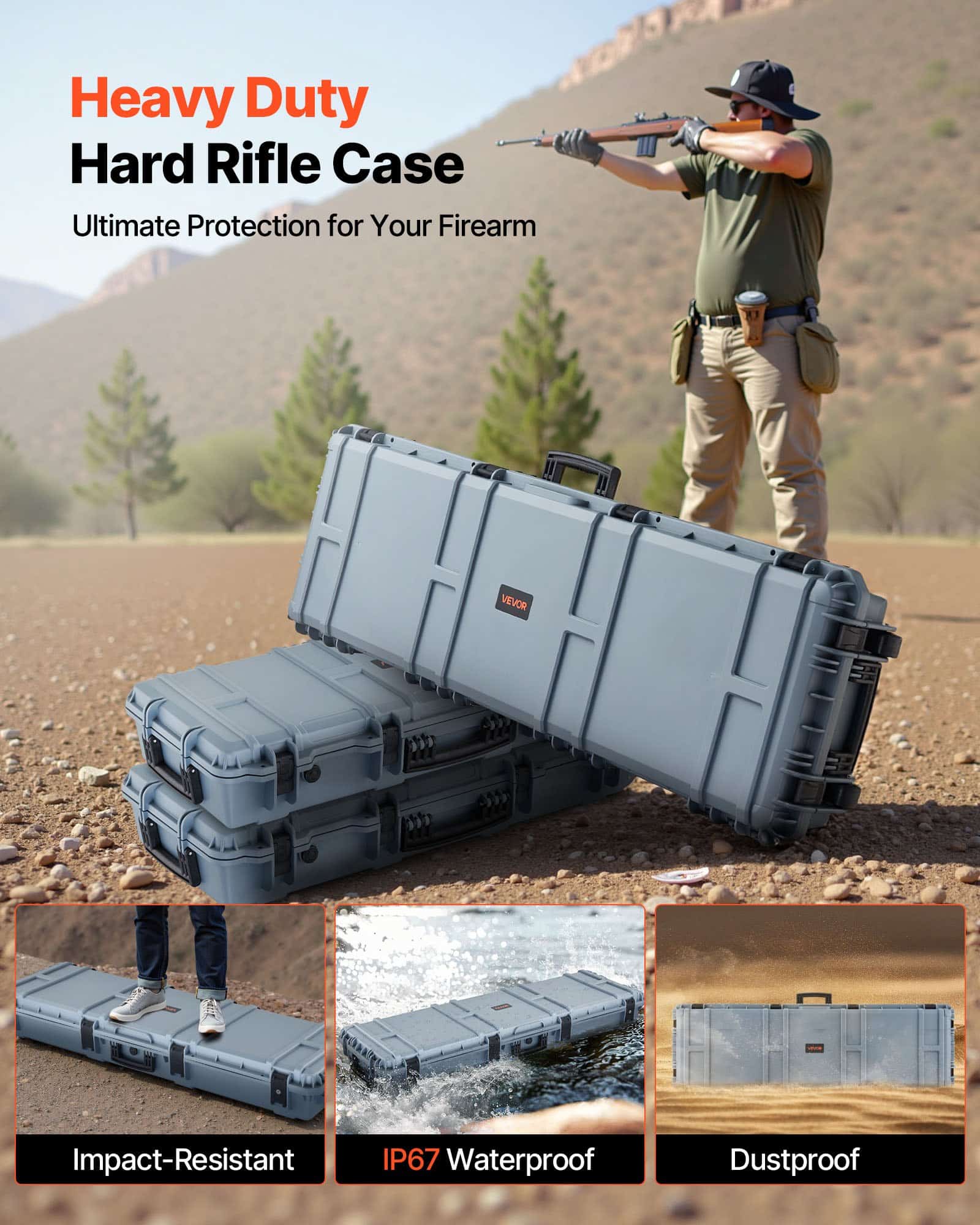 VEVOR 139 cm Hard Rifle Case with Wheels, Lockable IP67 Waterproof Dustproof Gun Case, 4-Layer Foam, TSA Travel Ready, Grey - Зображення 2