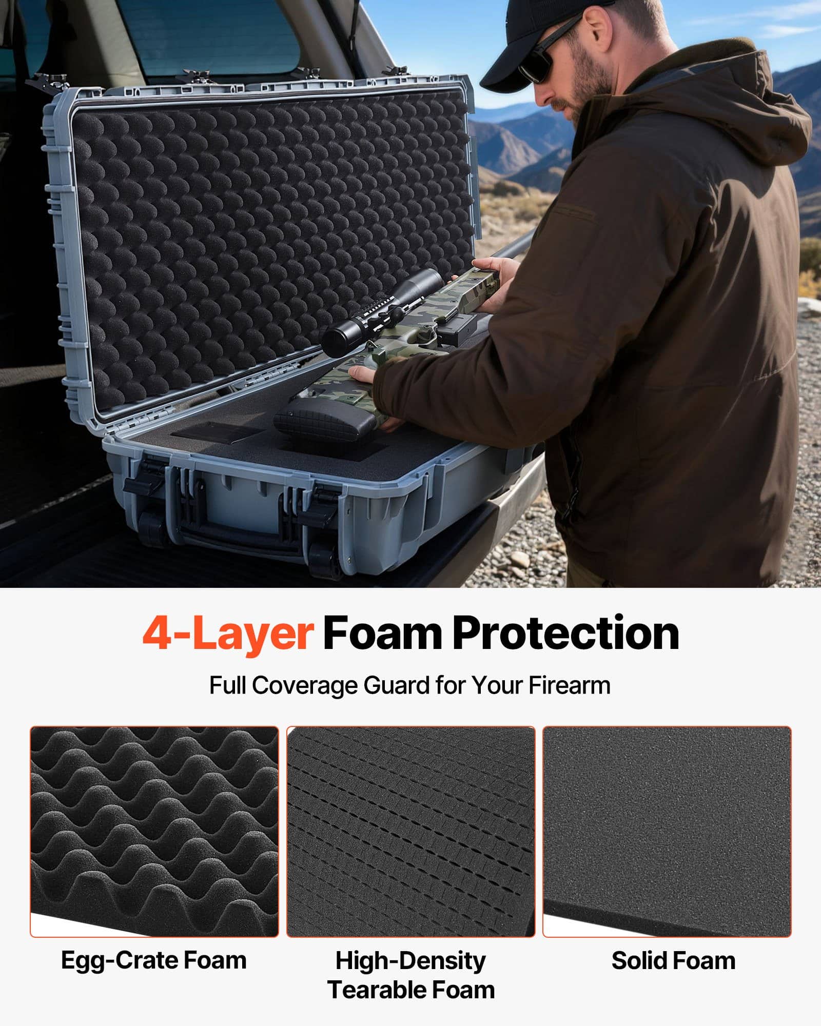 VEVOR 139 cm Hard Rifle Case with Wheels, Lockable IP67 Waterproof Dustproof Gun Case, 4-Layer Foam, TSA Travel Ready, Grey - Зображення 4
