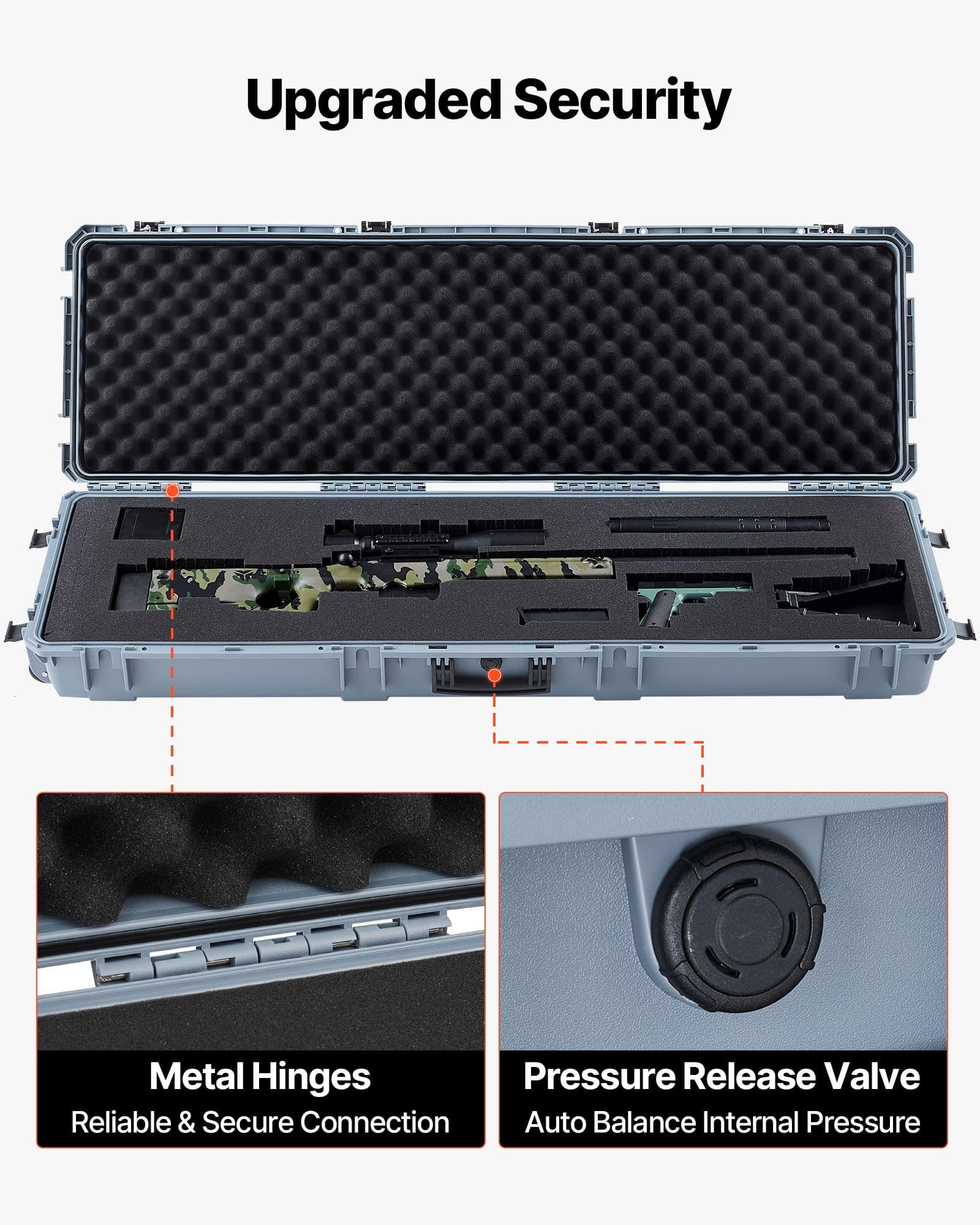 VEVOR 139 cm Hard Rifle Case with Wheels, Lockable IP67 Waterproof Dustproof Gun Case, 4-Layer Foam, TSA Travel Ready, Grey - Зображення 6