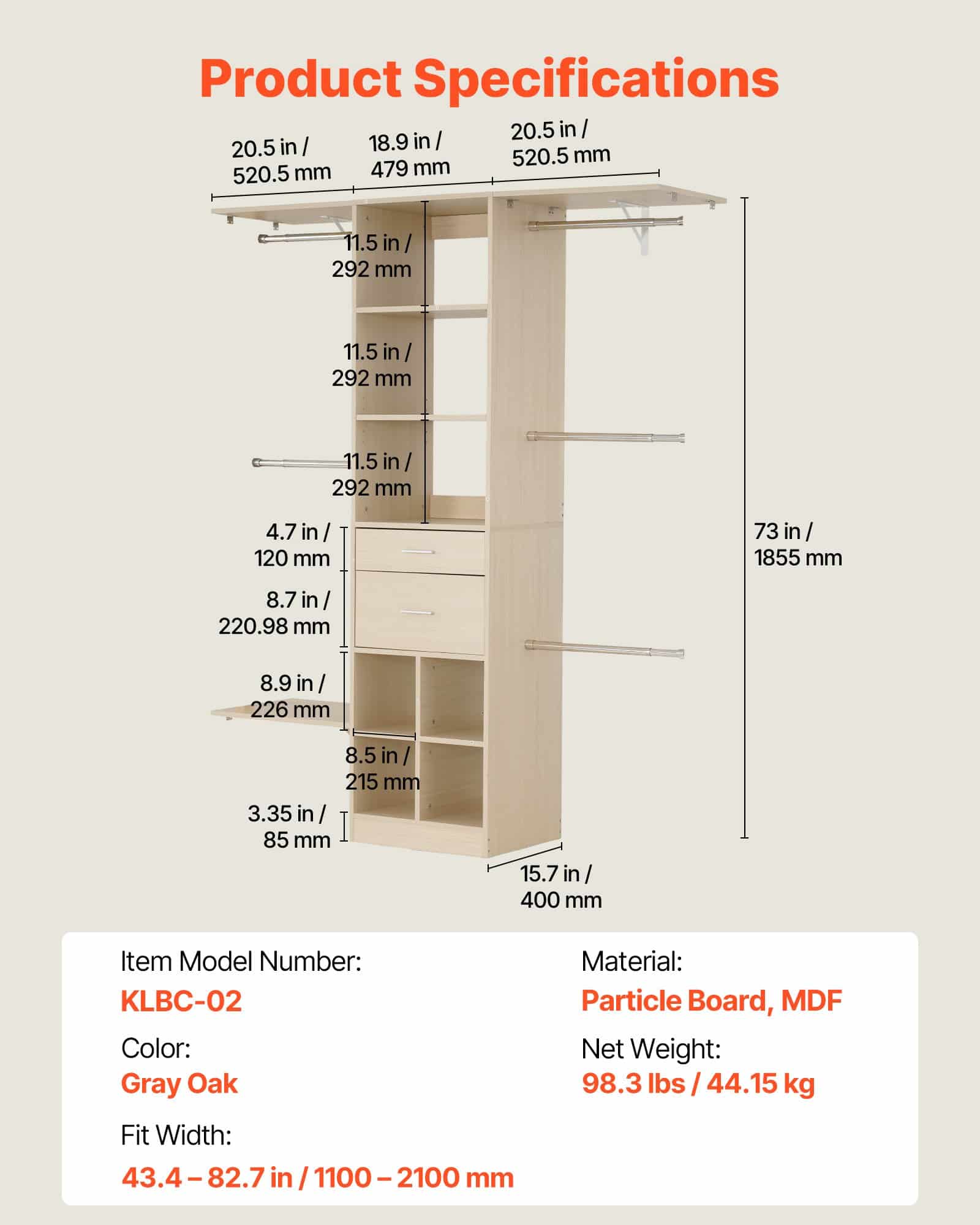 VEVOR Adjustable Wooden Closet System with 2 Drawers & 5 Rods, 17