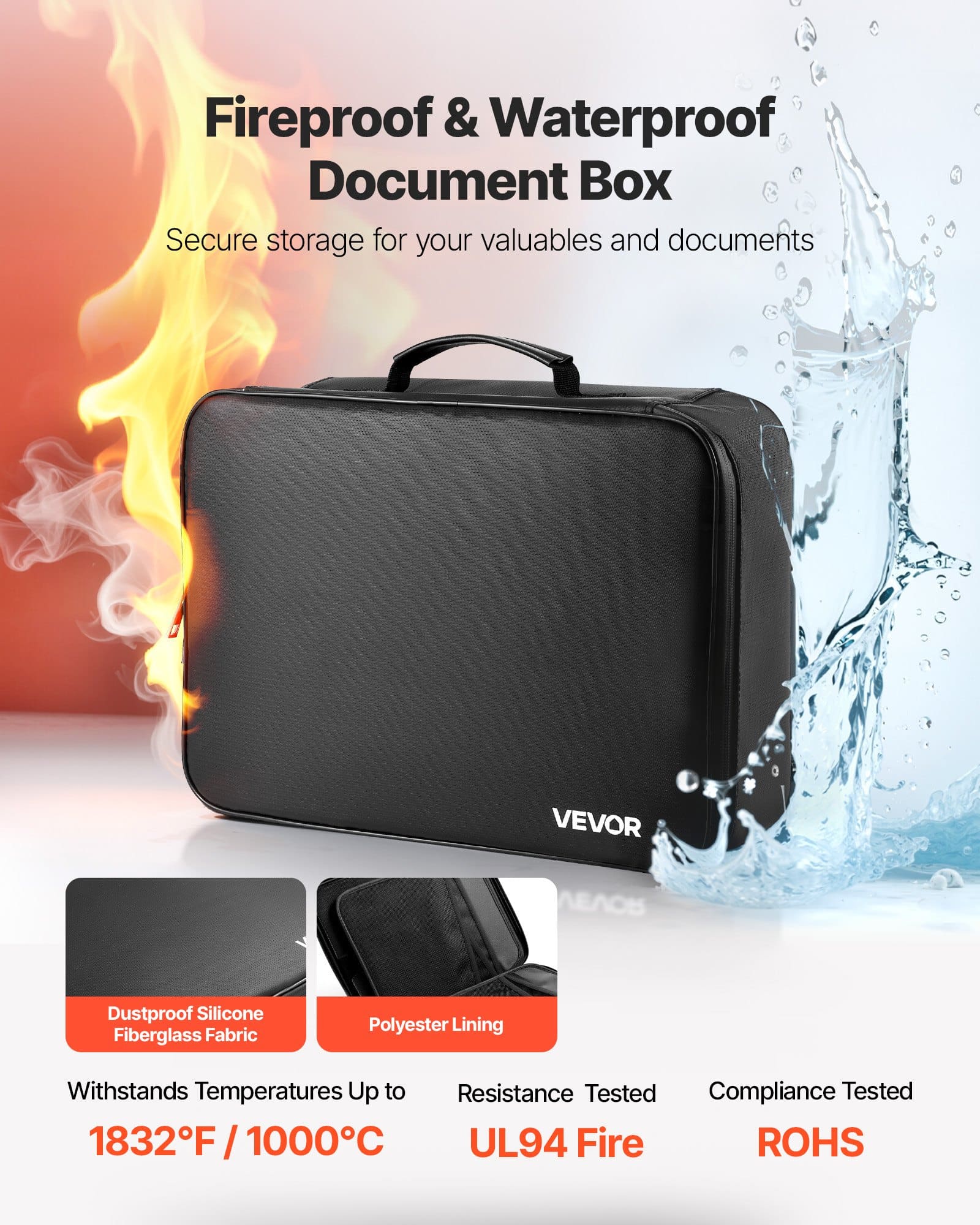 VEVOR Fireproof & Waterproof Document Box with Lock, 1000°C Heat Resistant, Portable 2-Layer File Organizer for Home & Office — Attēls 2