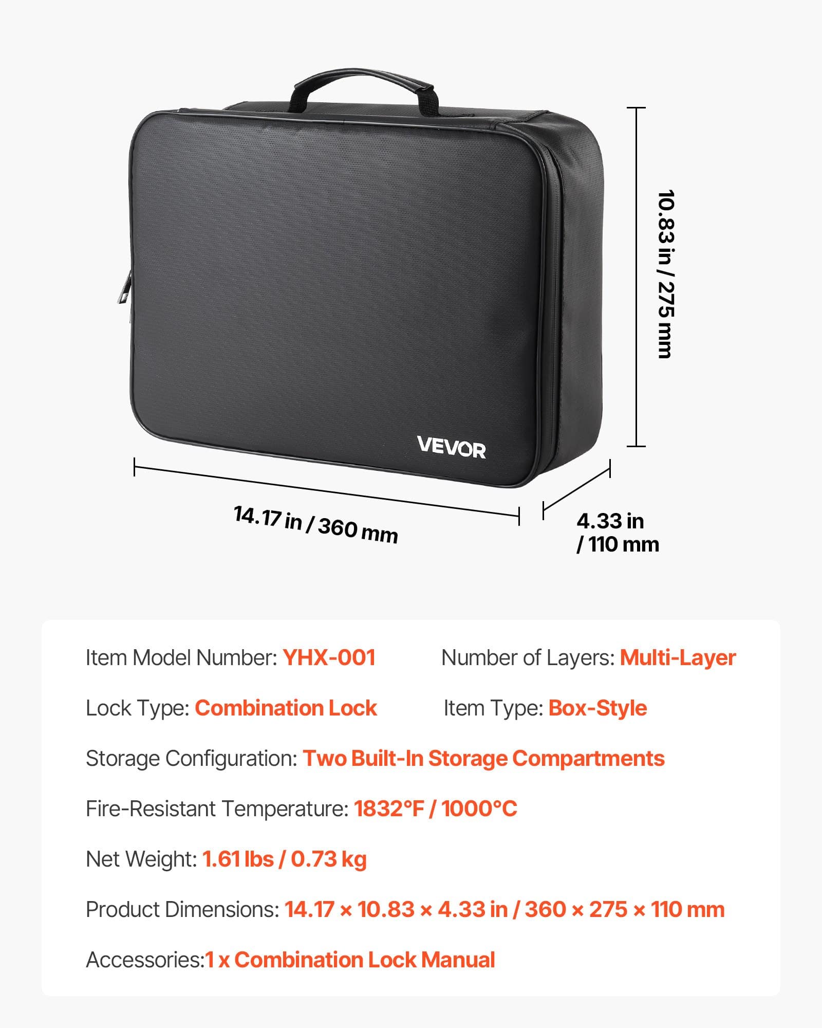 VEVOR Fireproof & Waterproof Document Box with Lock, 1000°C Heat Resistant, Portable 2-Layer File Organizer for Home & Office — Attēls 7