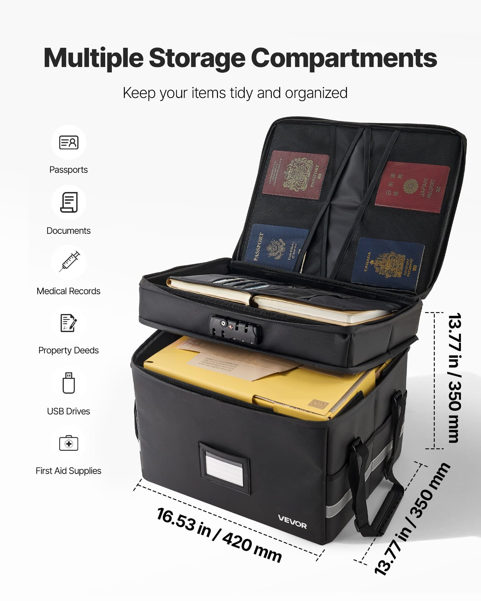 VEVOR Fireproof & Waterproof Document Box with Lock, 1000°C Heat Resistant, 2-Layer File Organizer for Home, Office, Travel - Зображення 3