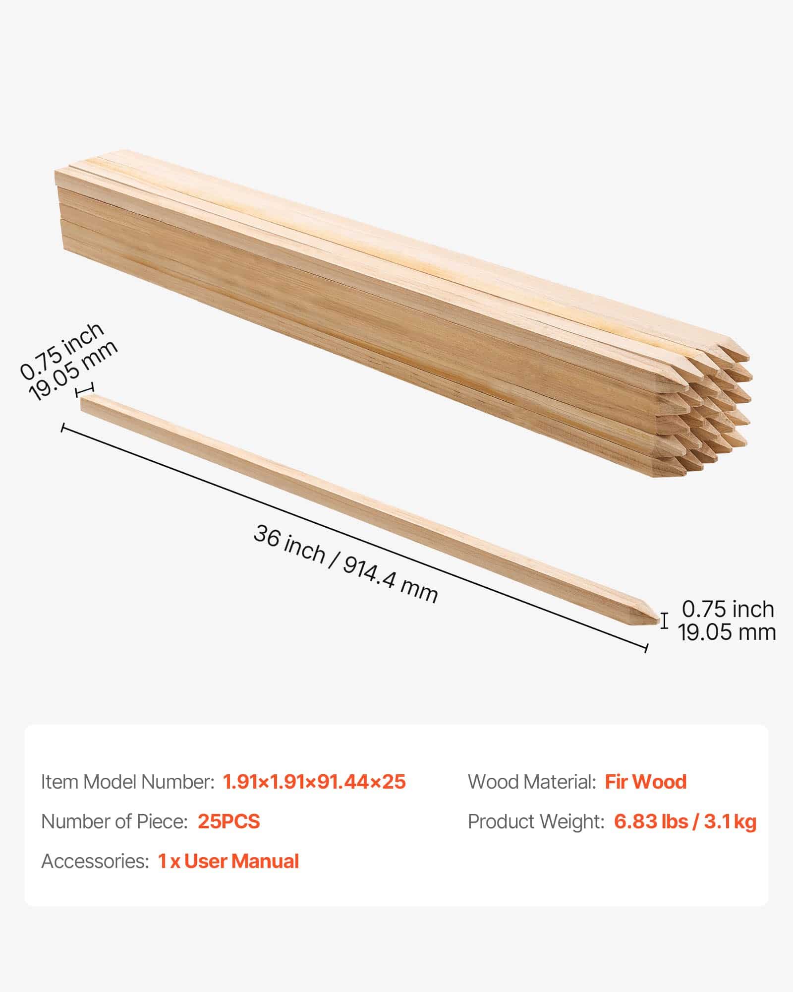 VEVOR 25 Wooden Garden Stakes 19×19×914 mm – Fir Wood Plant Support Stakes with Sharp Point for Garden, Fence, Landscaping — изображение 7