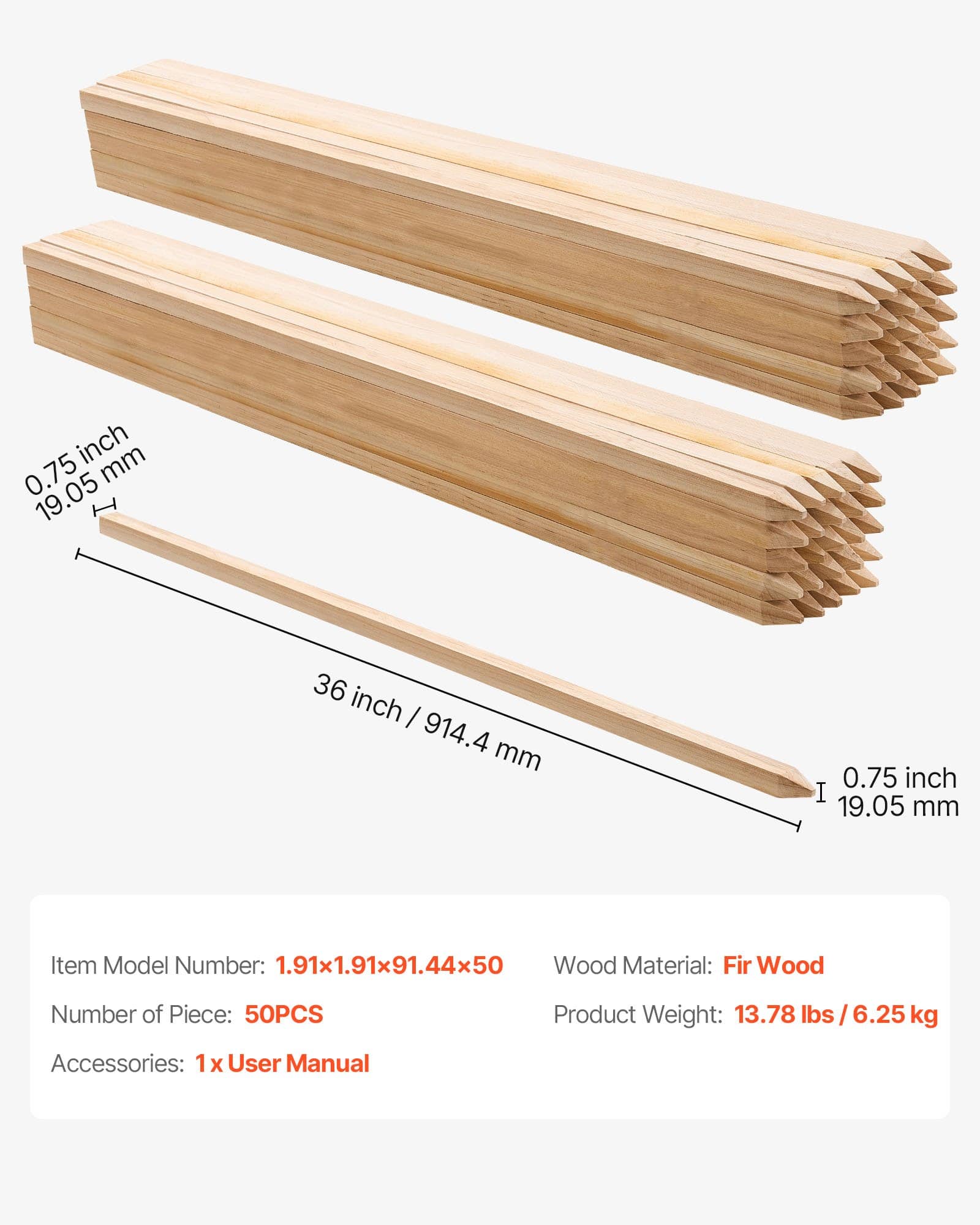 VEVOR 50 Wooden Garden Stakes 19x19x914 mm Fir Wood Plant Support with Sharp Point for Fences, Marking, Landscaping — изображение 7