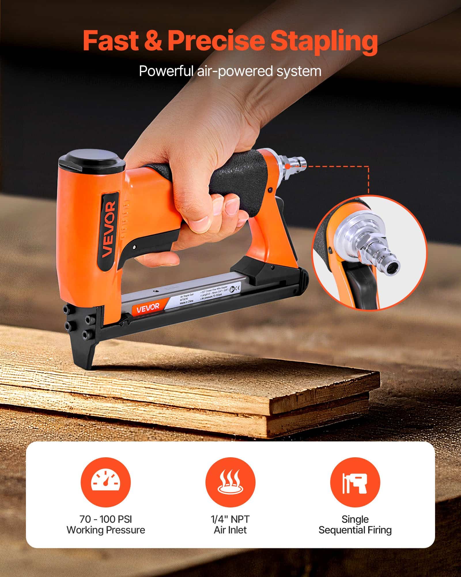VEVOR 21 Gauge Pneumatic Staple Gun for 80 Series Staples, 12.8mm Crown, 6–16mm Length, 150pcs Capacity, for Upholstery & Woodwork — attēls 2