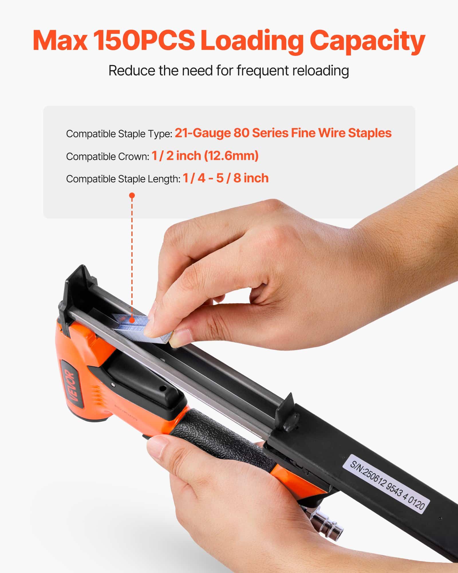 VEVOR 21 Gauge Pneumatic Staple Gun for 80 Series Staples, 12.8mm Crown, 6–16mm Length, 150pcs Capacity, for Upholstery & Woodwork — attēls 3