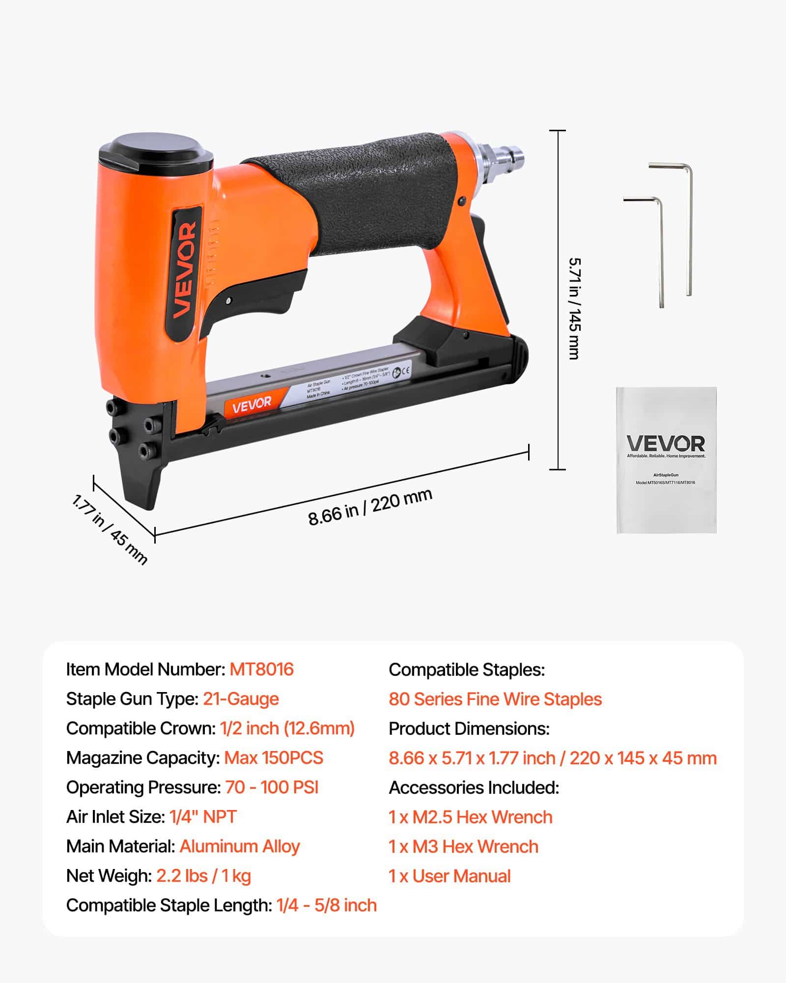 VEVOR 21 Gauge Pneumatic Staple Gun for 80 Series Staples, 12.8mm Crown, 6–16mm Length, 150pcs Capacity, for Upholstery & Woodwork — attēls 7