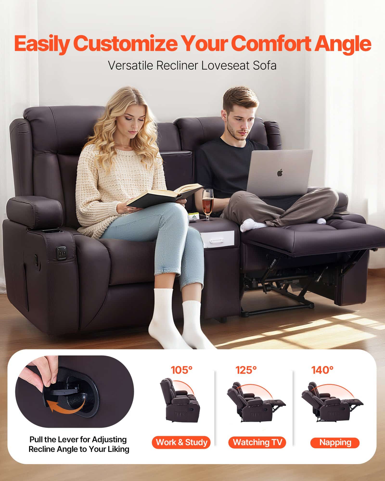 VEVOR Manual Recliner Loveseat Sofa with Console, PU Leather, USB Ports, Cup Holders, Storage, for Living Room/RV, Brown — изображение 2