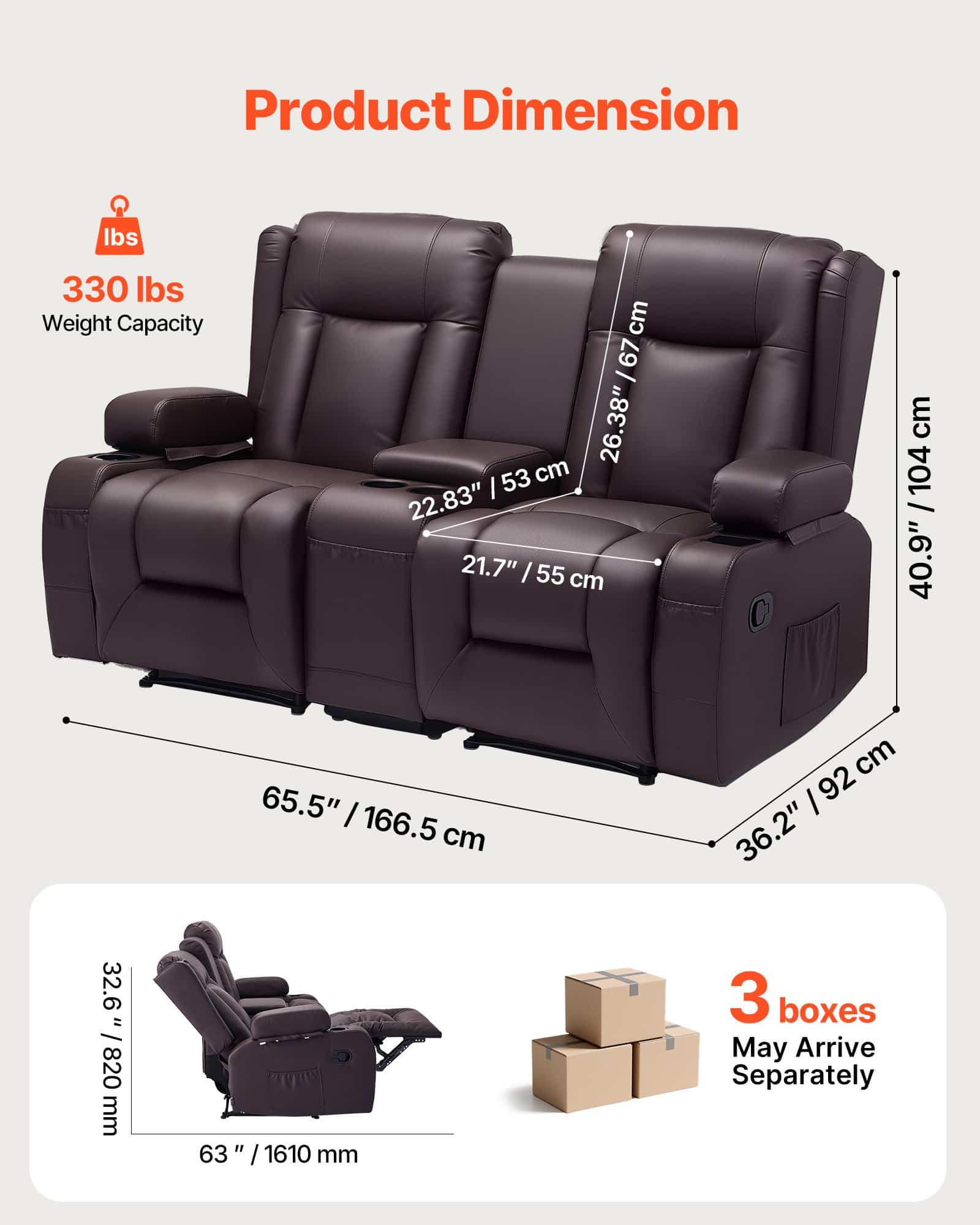 VEVOR Manual Recliner Loveseat Sofa with Console, PU Leather, USB Ports, Cup Holders, Storage, for Living Room/RV, Brown — изображение 3