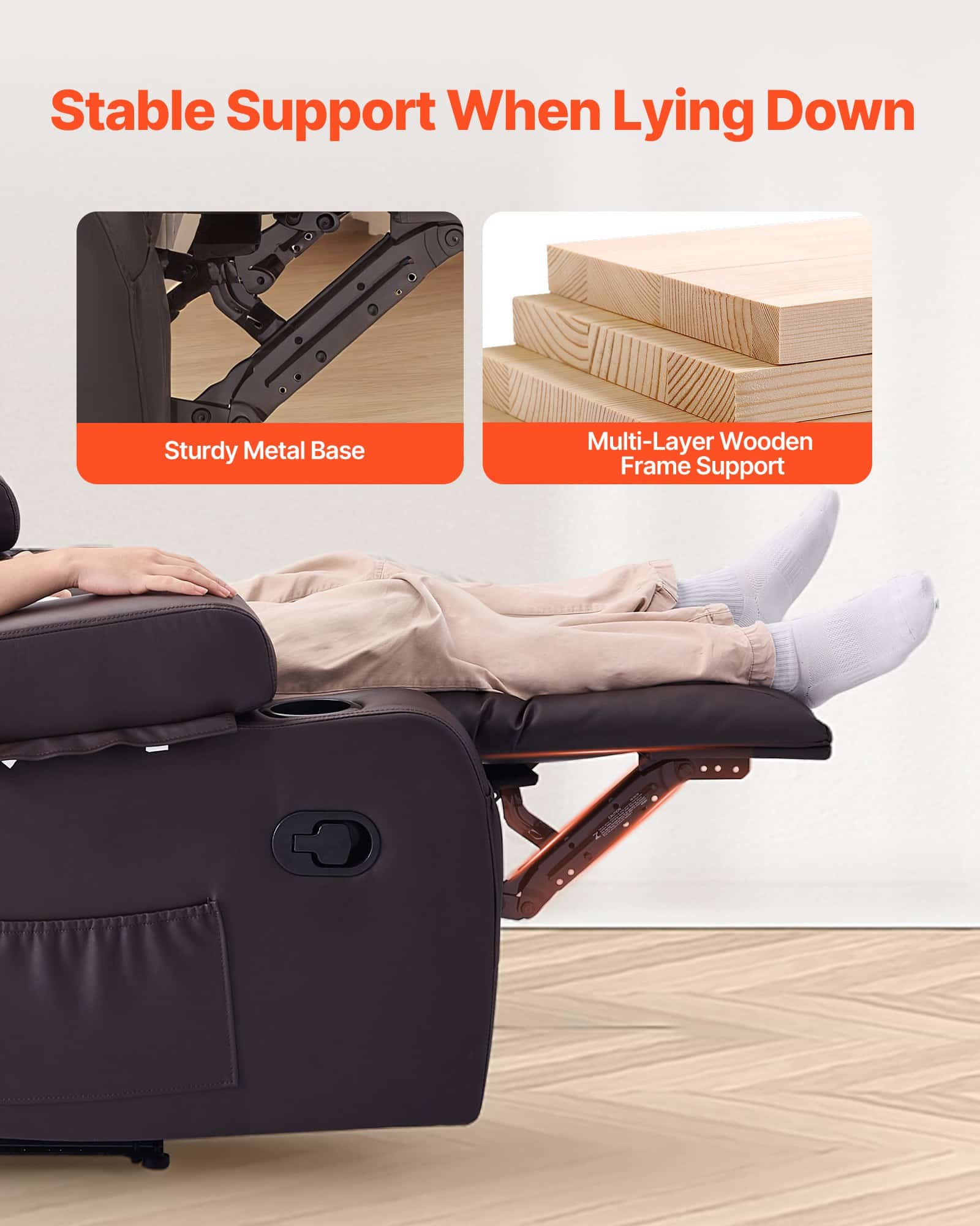 VEVOR Manual Recliner Loveseat Sofa with Console, PU Leather, USB Ports, Cup Holders, Storage, for Living Room/RV, Brown — изображение 4
