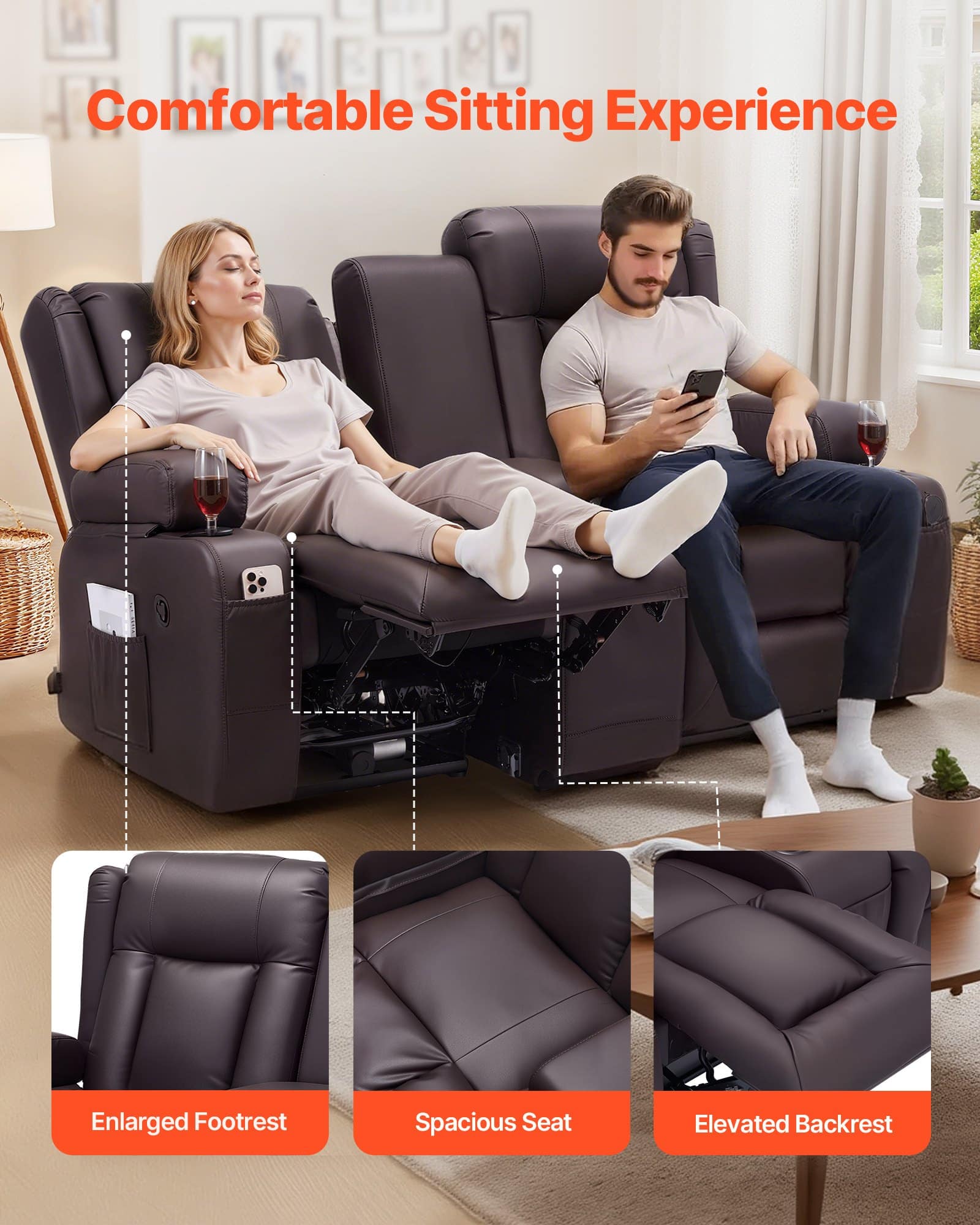 VEVOR Manual Recliner Loveseat Sofa with Console, PU Leather, USB Ports, Cup Holders, Storage, for Living Room/RV, Brown — изображение 6