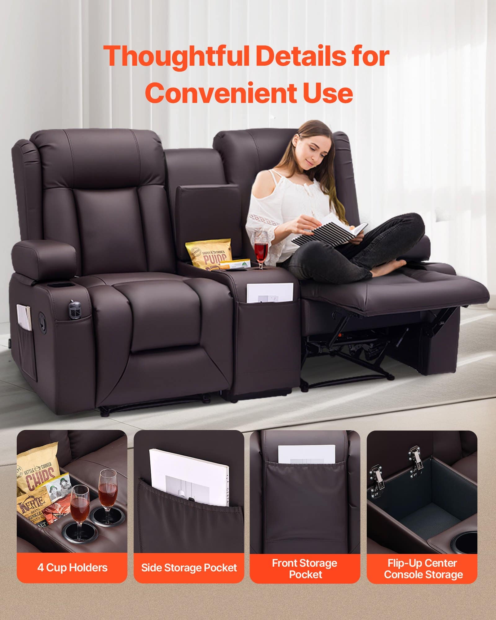 VEVOR Manual Recliner Loveseat Sofa with Console, PU Leather, USB Ports, Cup Holders, Storage, for Living Room/RV, Brown — изображение 7