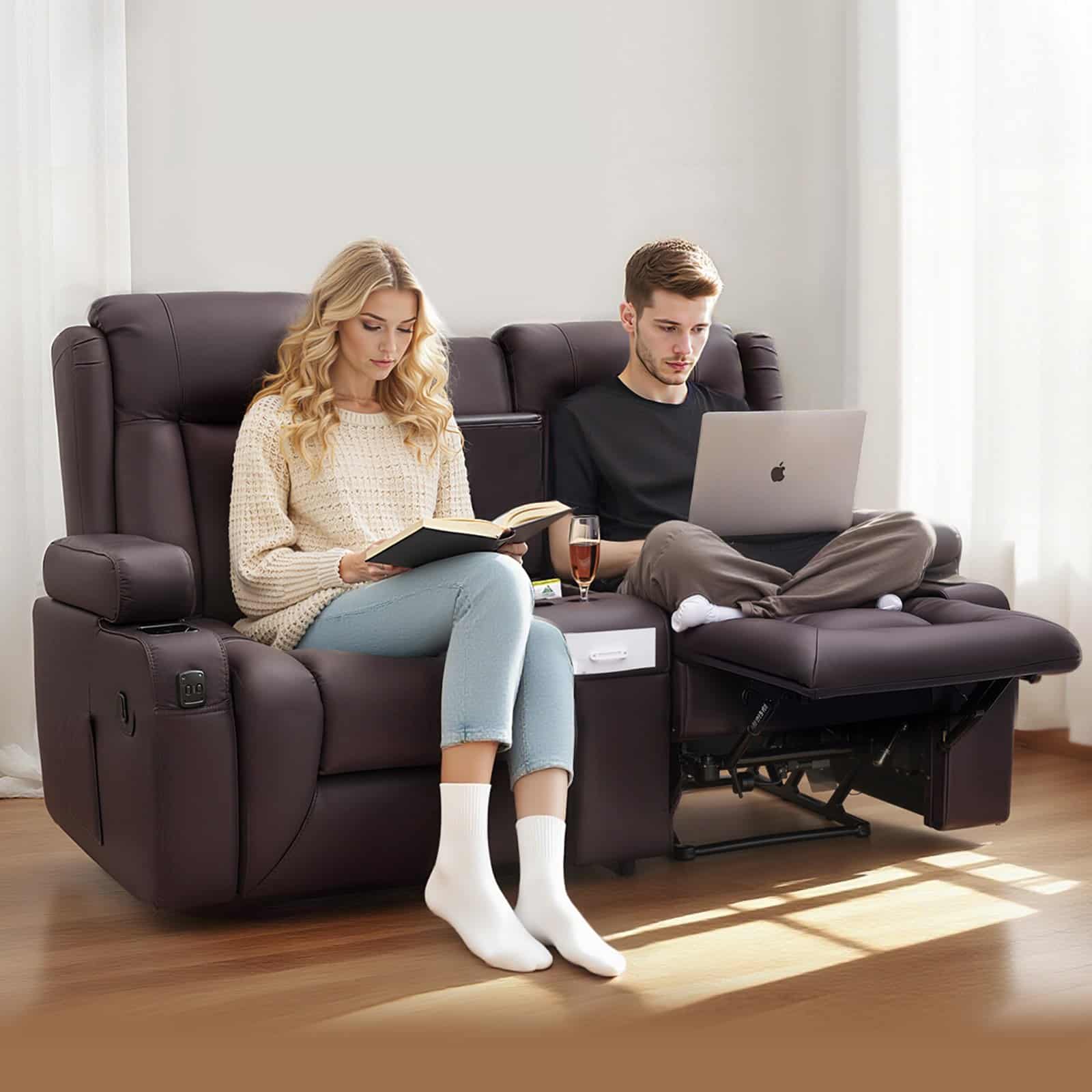 VEVOR Manual Recliner Loveseat Sofa with Console, PU Leather, USB Ports, Cup Holders, Storage, for Living Room/RV, Brown — изображение 8