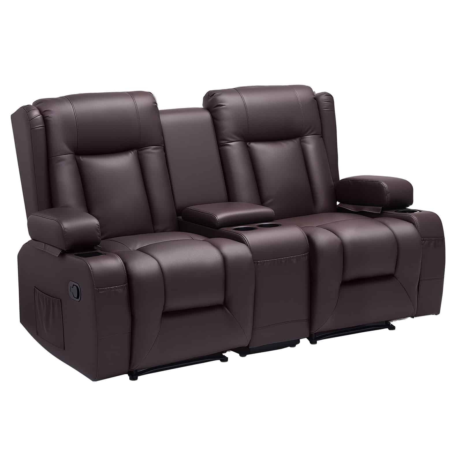 VEVOR Manual Recliner Loveseat Sofa with Console, PU Leather, USB Ports, Cup Holders, Storage, for Living Room/RV, Brown — изображение 10