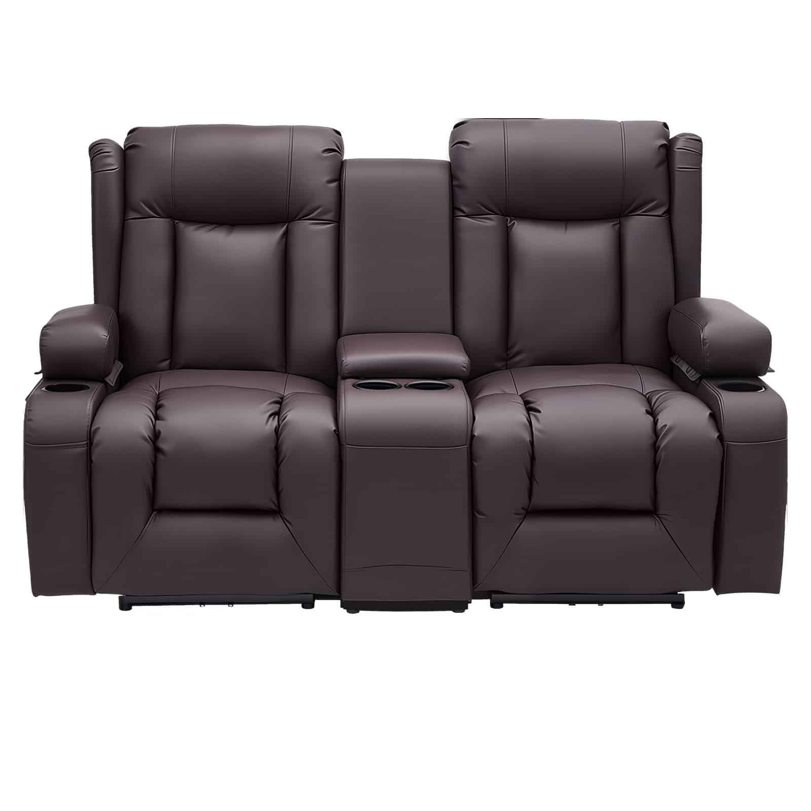 VEVOR Manual Recliner Loveseat Sofa with Console, PU Leather, USB Ports, Cup Holders, Storage, for Living Room/RV, Brown — изображение 11