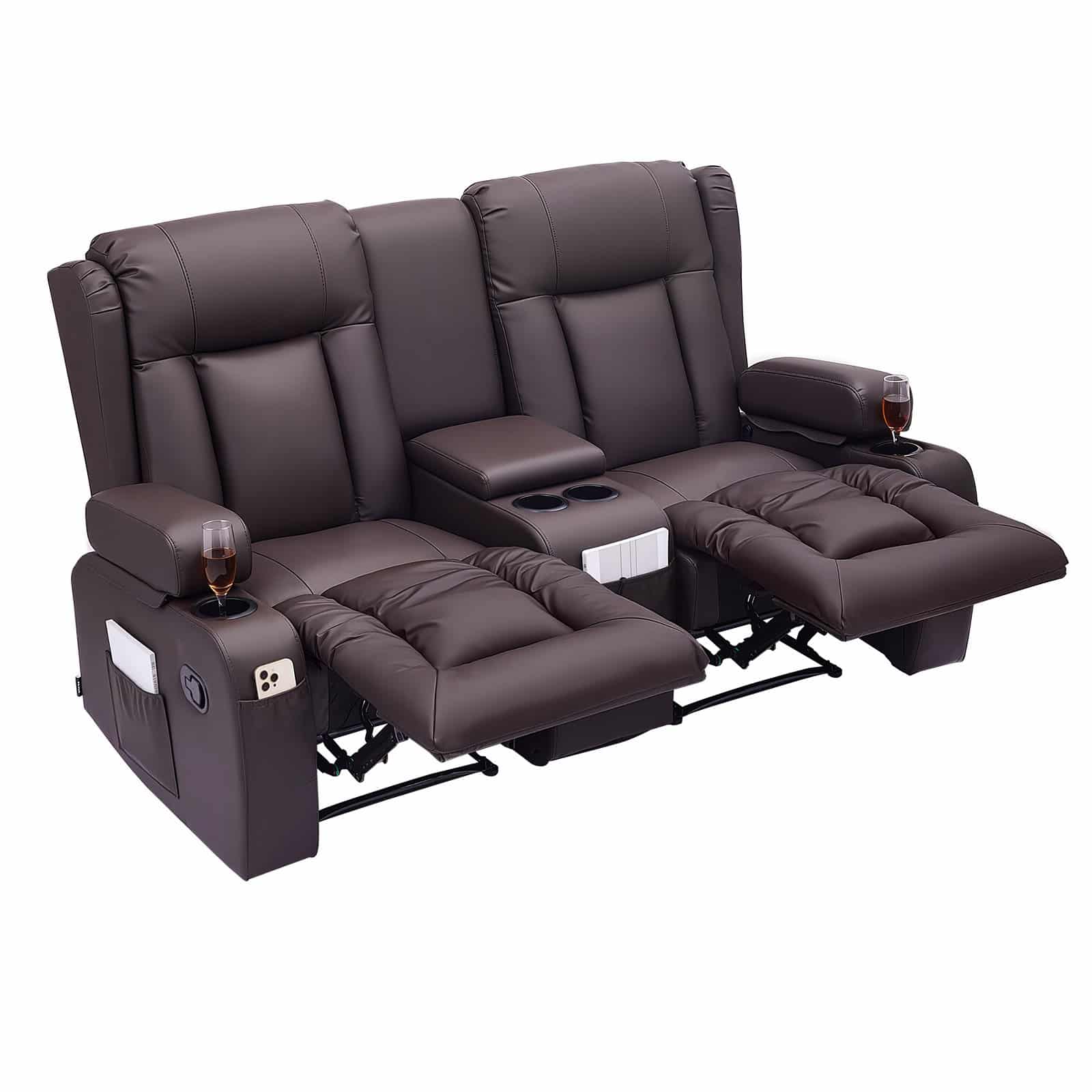 VEVOR Manual Recliner Loveseat Sofa with Console, PU Leather, USB Ports, Cup Holders, Storage, for Living Room/RV, Brown — изображение 12