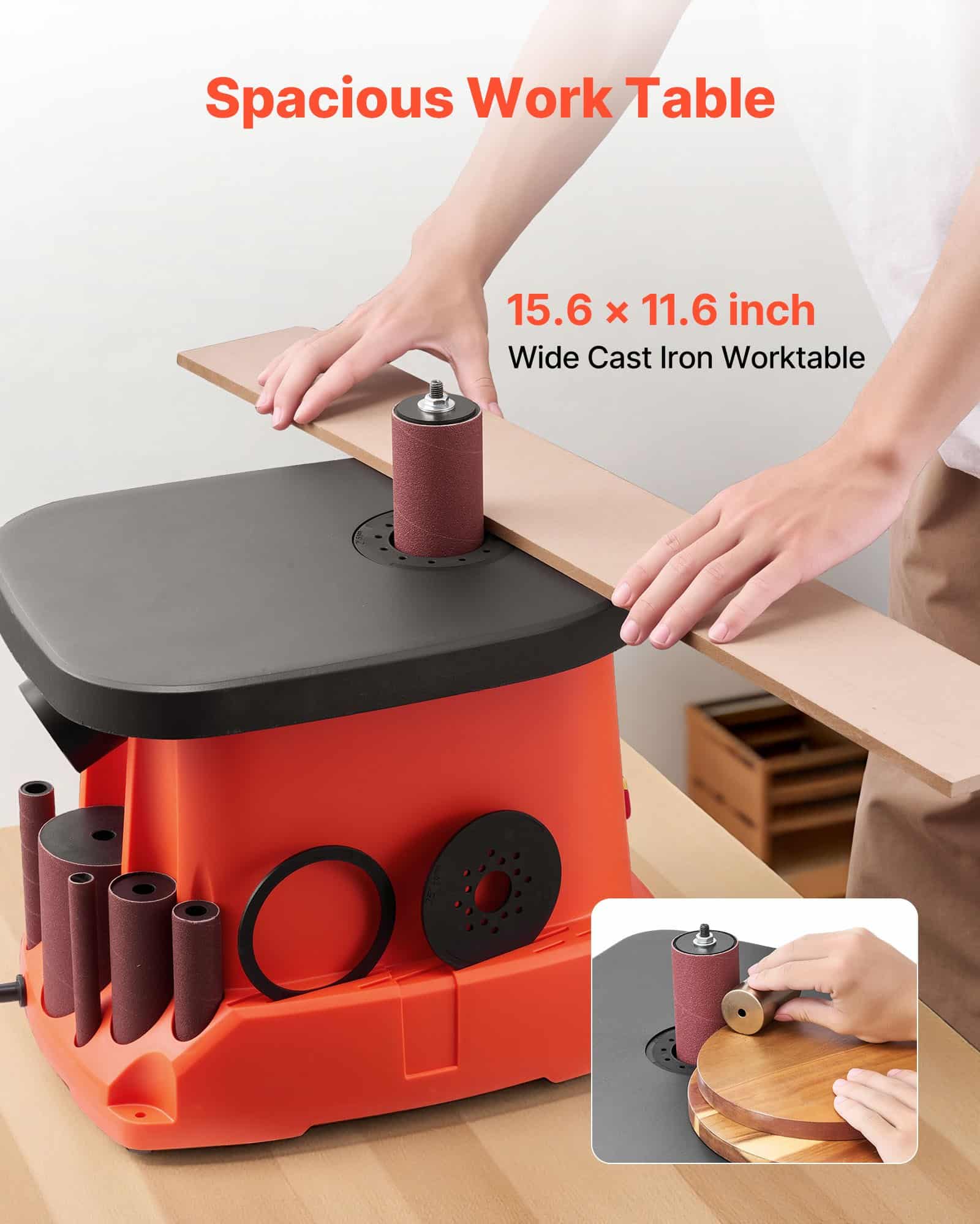 VEVOR Oscillating Spindle Sander 2000RPM with 6 Sleeves (12.7–76.2mm), 16mm Stroke, Cast Iron Table 397x295mm for Woodworking — attēls 3
