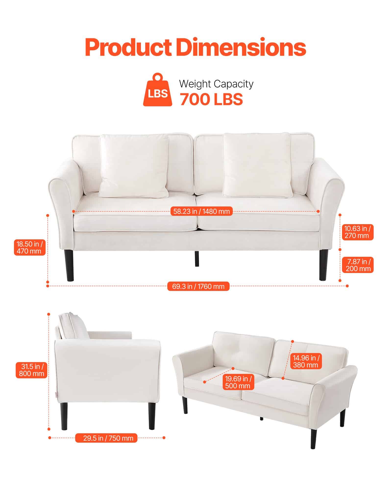 VEVOR 176 cm Velvet Loveseat Sofa for Living Room, 2-Seater Couch with Soft Cushions, Sturdy Frame, White - Зображення 3