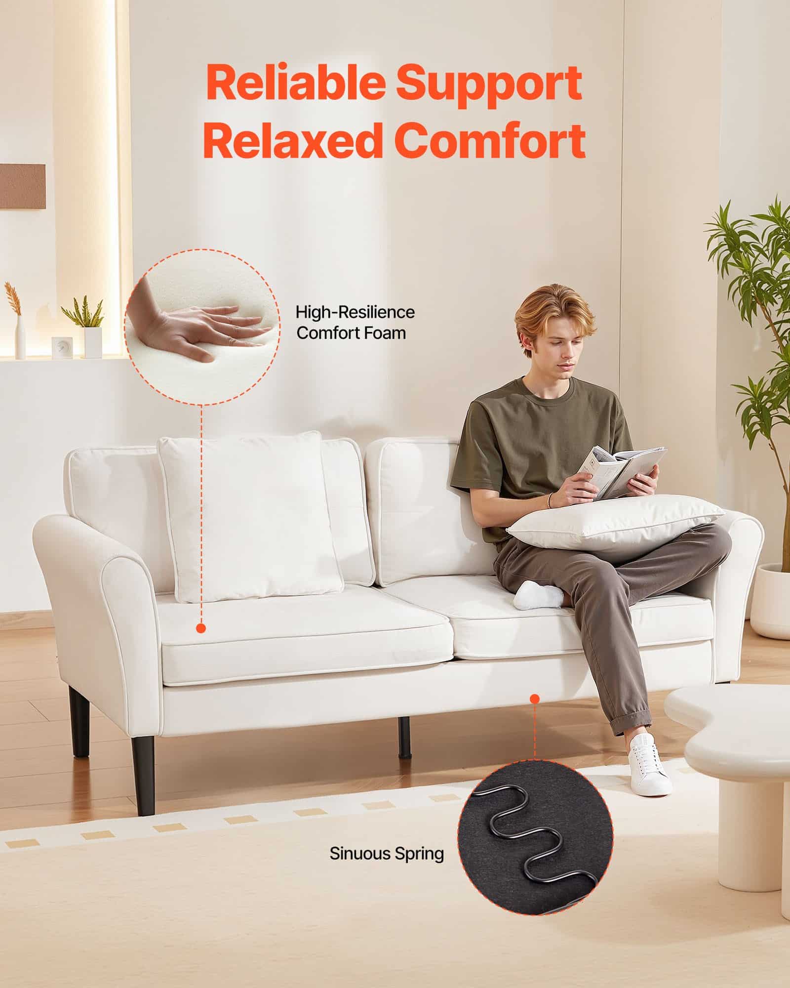 VEVOR 176 cm Velvet Loveseat Sofa for Living Room, 2-Seater Couch with Soft Cushions, Sturdy Frame, White - Зображення 4
