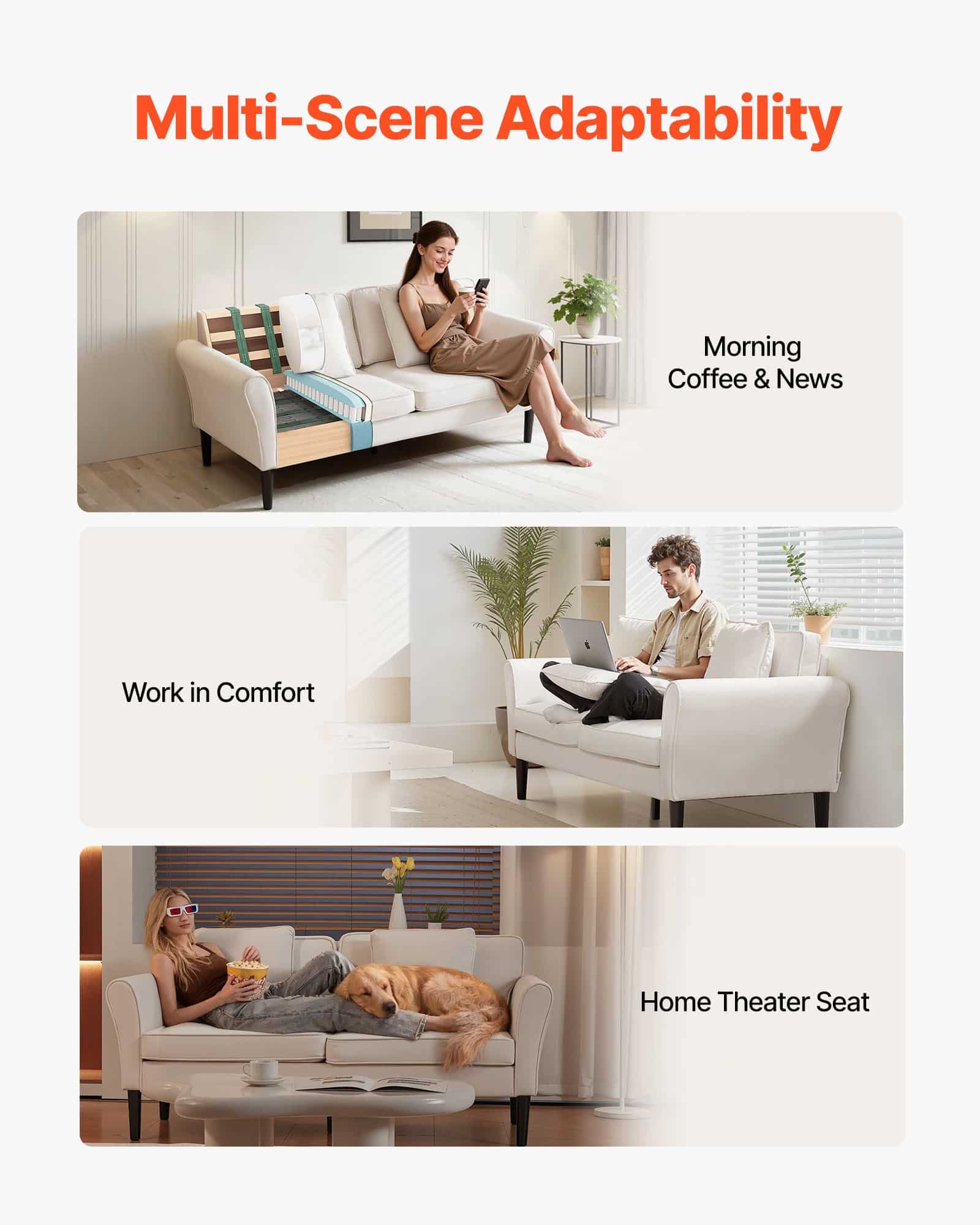 VEVOR 176 cm Velvet Loveseat Sofa for Living Room, 2-Seater Couch with Soft Cushions, Sturdy Frame, White - Зображення 7