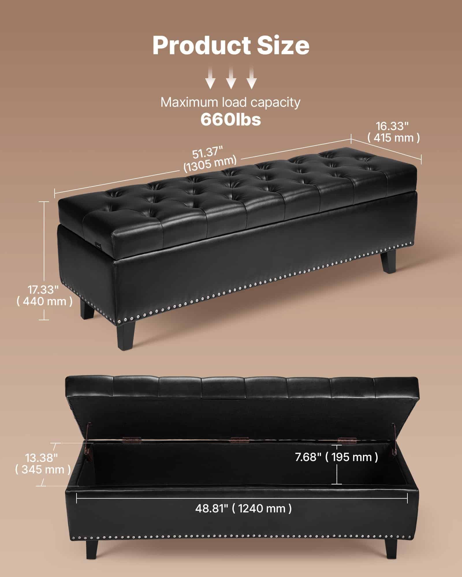 VEVOR Black PU Leather Storage Ottoman Bench with Solid Wood Legs, 1305 mm Wide, Soft Cushion, Entryway & Bedroom Seating - Image 2