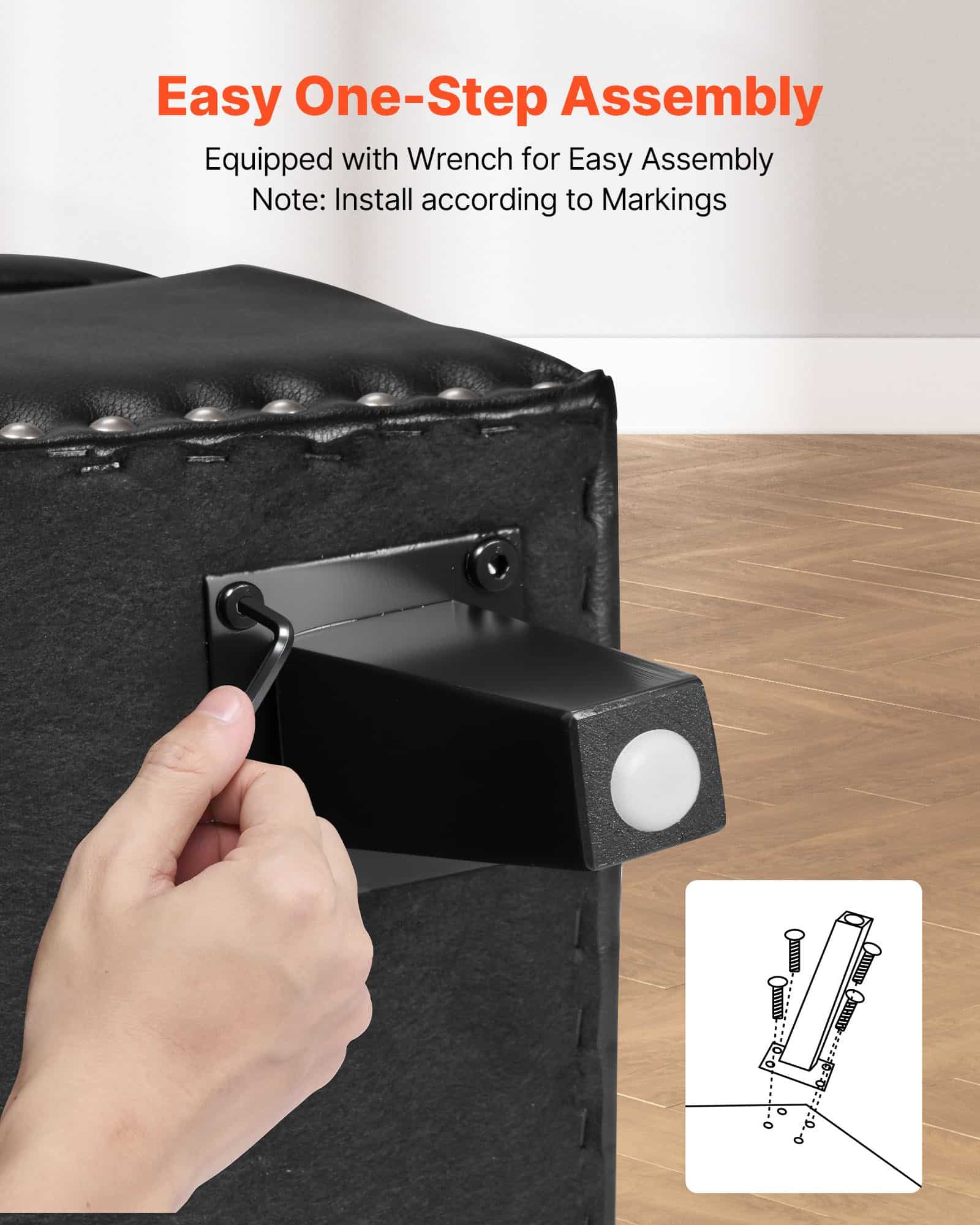 VEVOR Black PU Leather Storage Ottoman Bench with Solid Wood Legs, 1305 mm Wide, Soft Cushion, Entryway & Bedroom Seating - Image 7