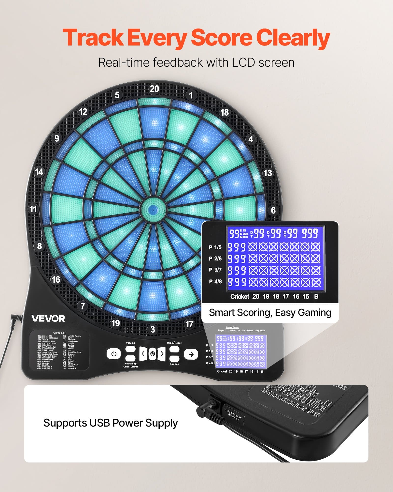 VEVOR Electronic Dartboard with LED Target, 48 Games & 500+ Modes, LCD Score Display, 6 Darts, 50 Tips, for 8 Players - Image 4