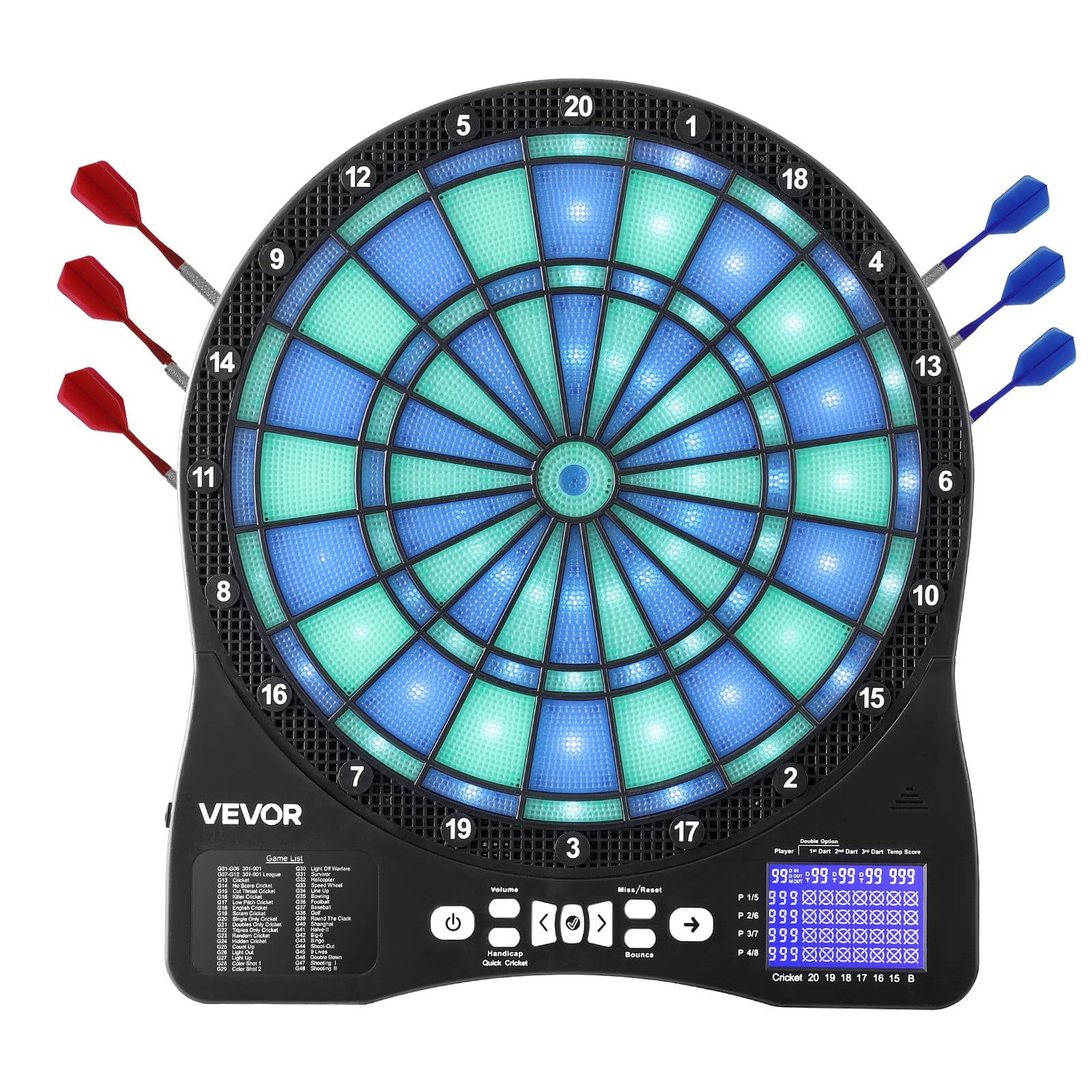 VEVOR Electronic Dartboard with LED Target, 48 Games & 500+ Modes, LCD Score Display, 6 Darts, 50 Tips, for 8 Players