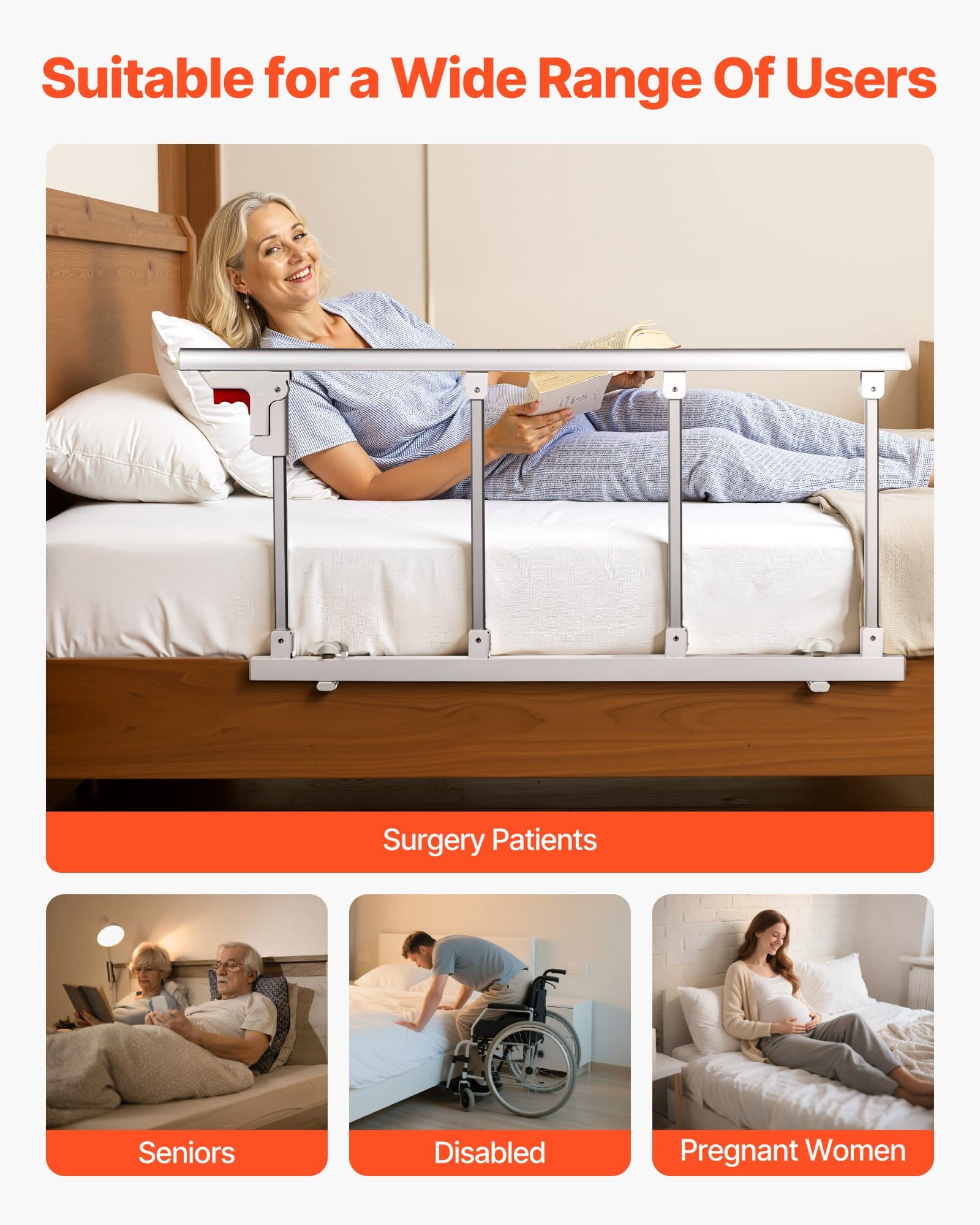 VEVOR Foldable Bed Rail for Elderly, 97 cm Adjustable Safety Bedside Assist Bar, Metal Hand Guard for Double to King Beds - Зображення 6