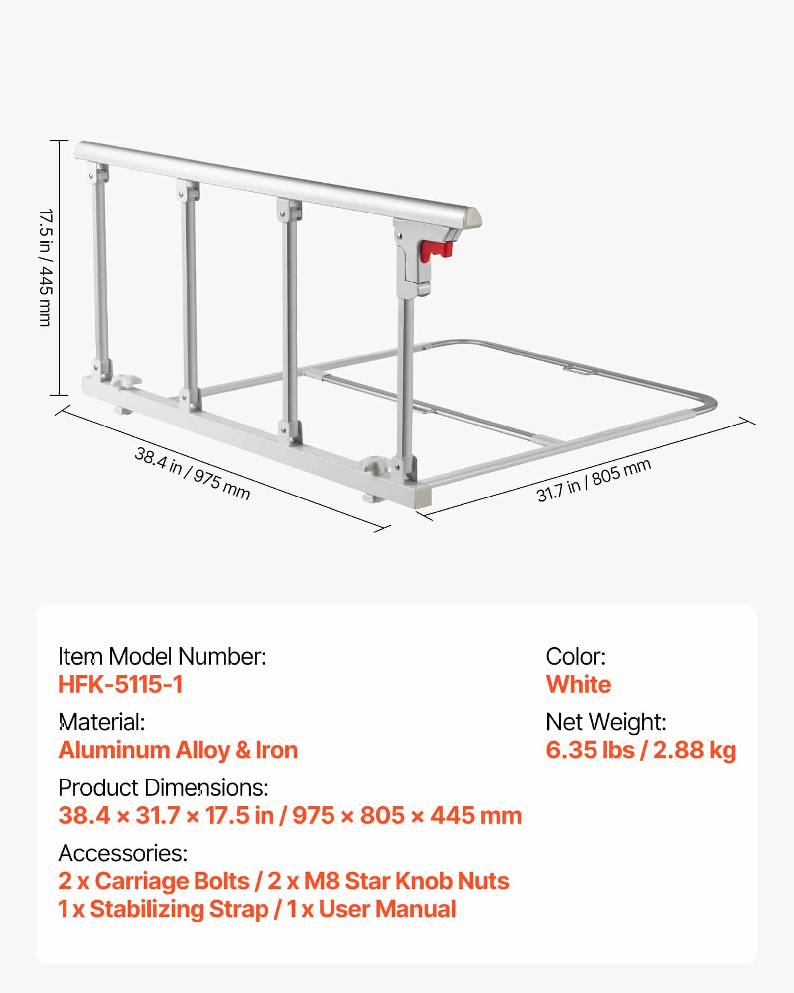 VEVOR Foldable Bed Rail for Elderly, 97 cm Adjustable Safety Bedside Assist Bar, Metal Hand Guard for Double to King Beds - Зображення 7