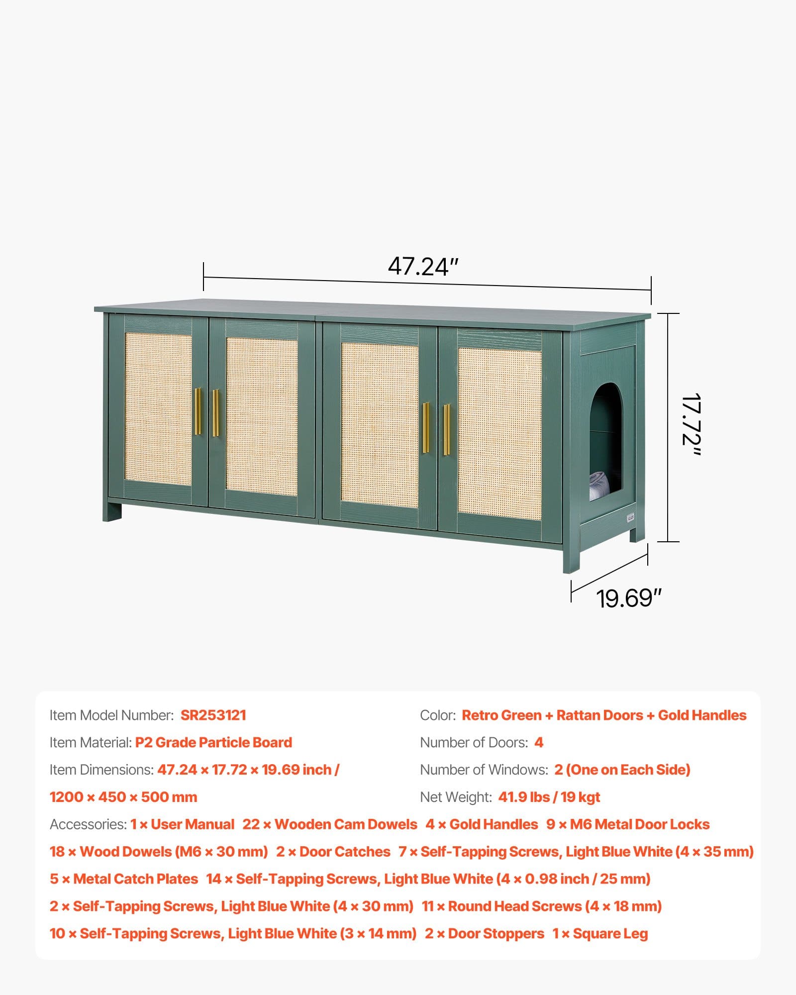 VEVOR 120 cm Green Wooden Cat Litter Box Enclosure with 4 Rattan Doors & 2 Entries, Hidden Multi-Cat Washroom Cabinet - Image 7