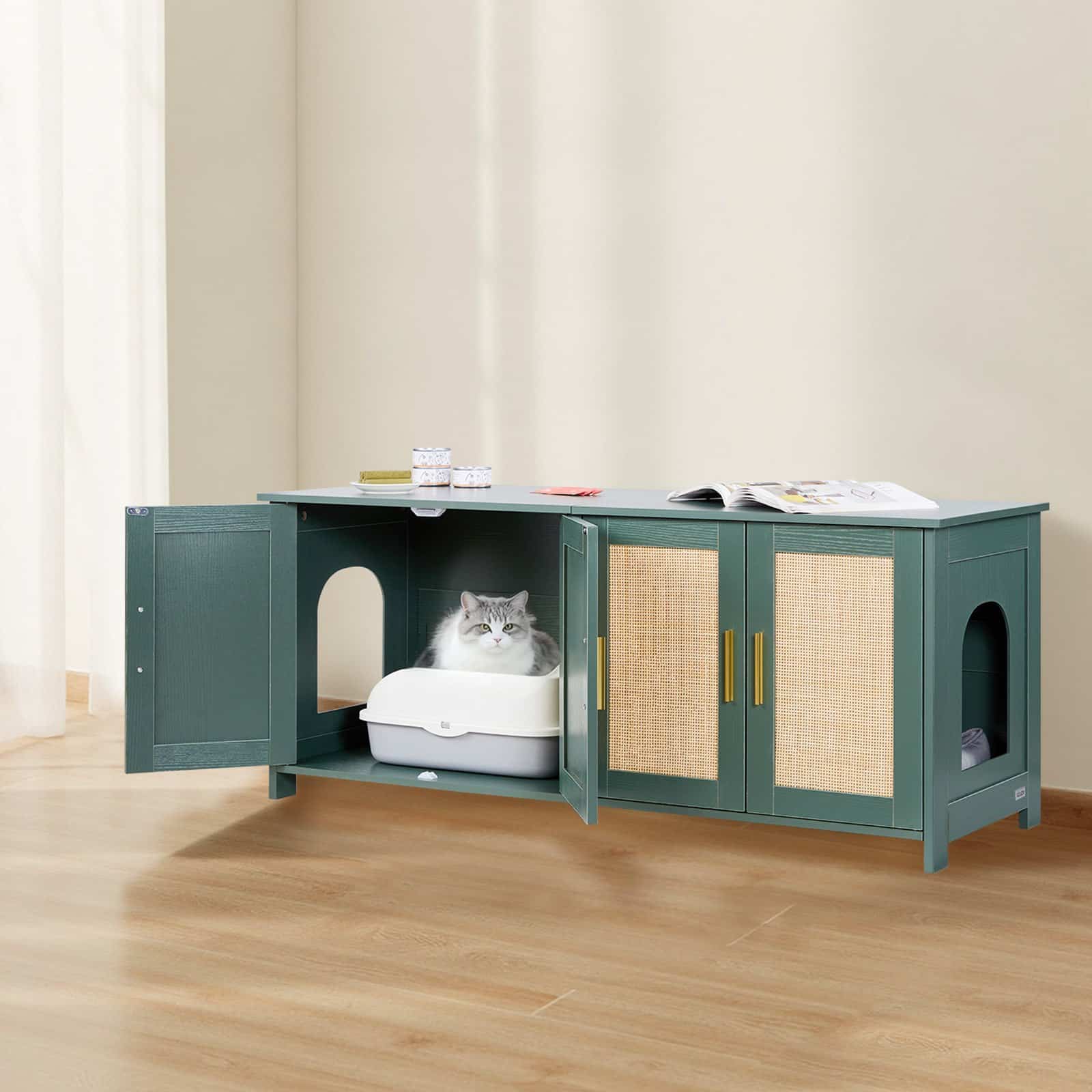 VEVOR 120 cm Green Wooden Cat Litter Box Enclosure with 4 Rattan Doors & 2 Entries, Hidden Multi-Cat Washroom Cabinet - Image 8