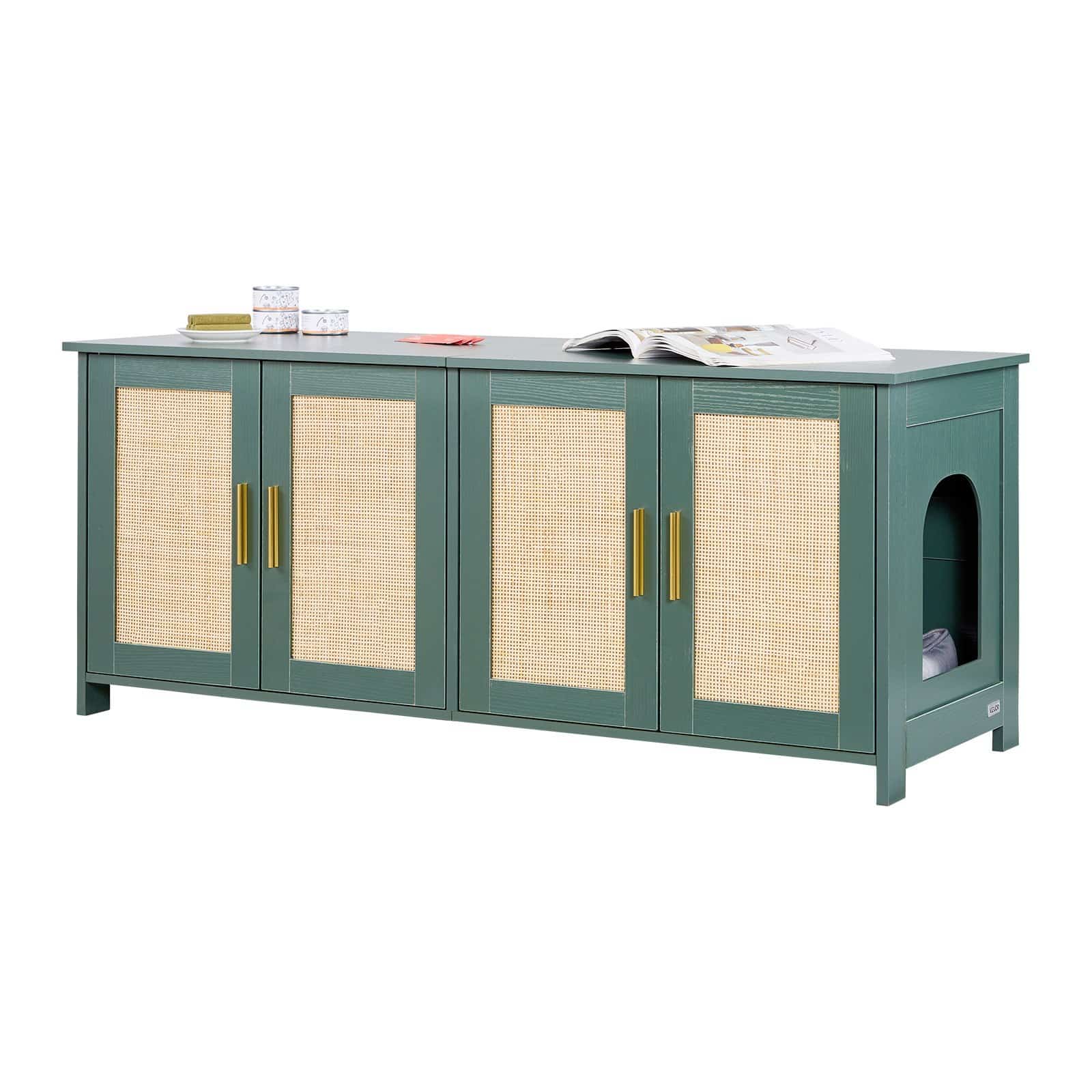 VEVOR 120 cm Green Wooden Cat Litter Box Enclosure with 4 Rattan Doors & 2 Entries, Hidden Multi-Cat Washroom Cabinet
