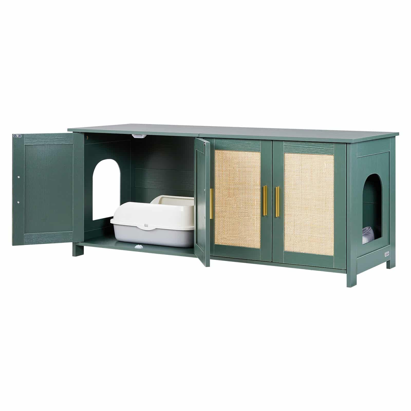 VEVOR 120 cm Green Wooden Cat Litter Box Enclosure with 4 Rattan Doors & 2 Entries, Hidden Multi-Cat Washroom Cabinet - Image 12