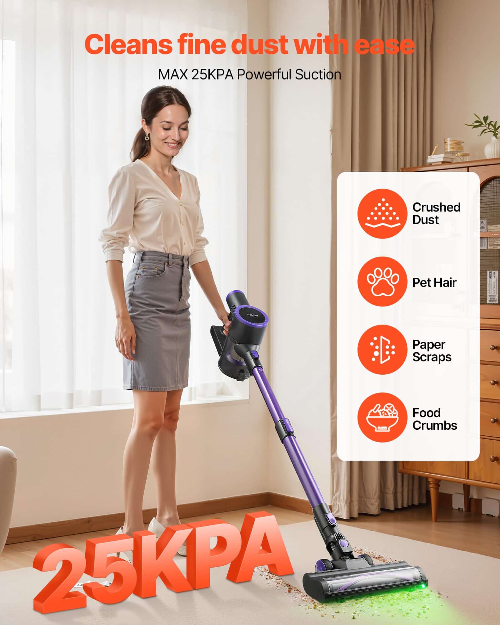 VEVOR Cordless Stick Vacuum Cleaner 25KPA Suction, Anti-Tangle Brush, 35 Min Runtime, Lightweight for Home & Pet Hair - Image 2